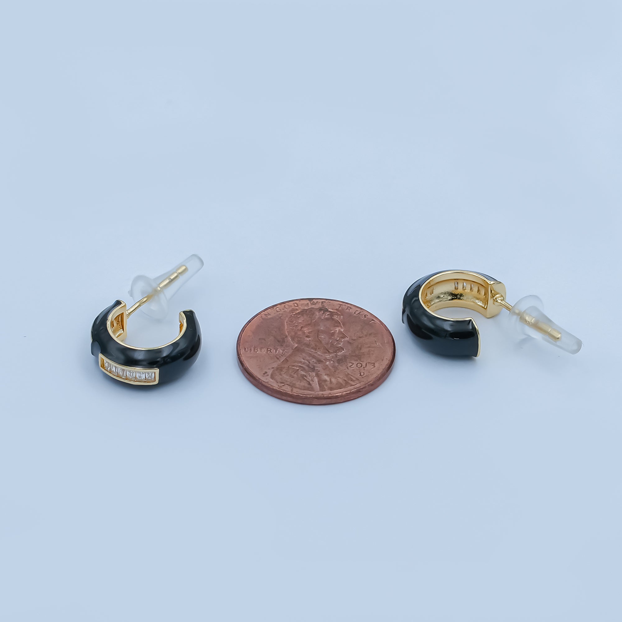 Black, White Enamel Baguette CZ C-Shaped Hoop Earrings in Gold & Silver | AE265 - AE73