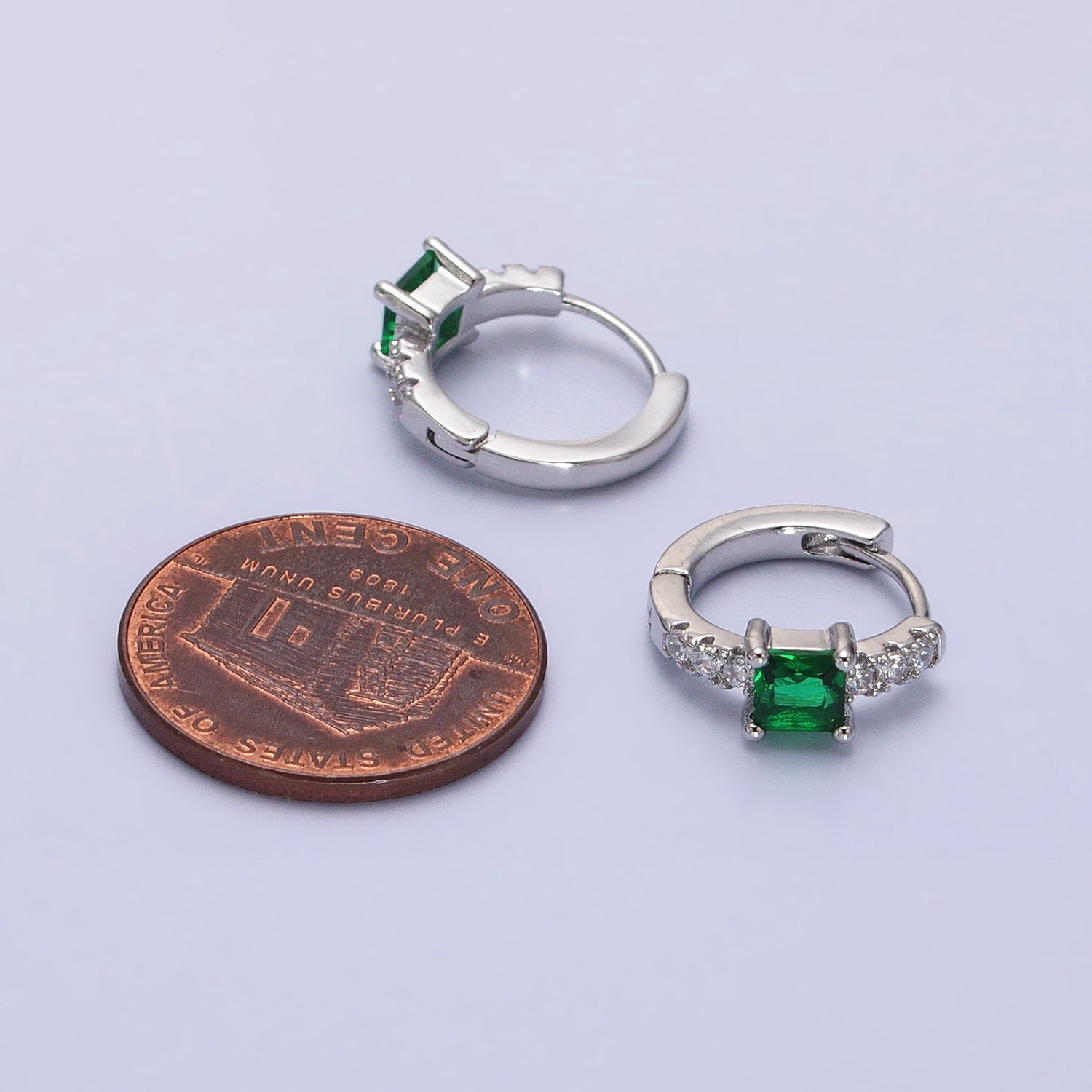 16K Gold Filled Emerald Green Square CZ Micro Paved Cartilage Huggie Earrings in Gold & Silver | AB815 AB657 - DLUXCA