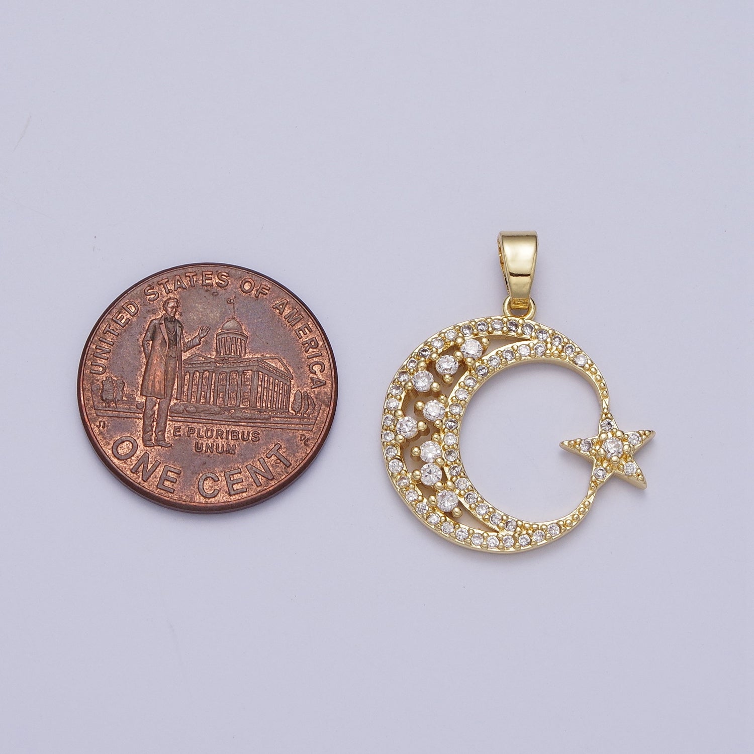 25mm Gold Micro Paved CZ Celestial Crescent Moon Star Pendant | H834