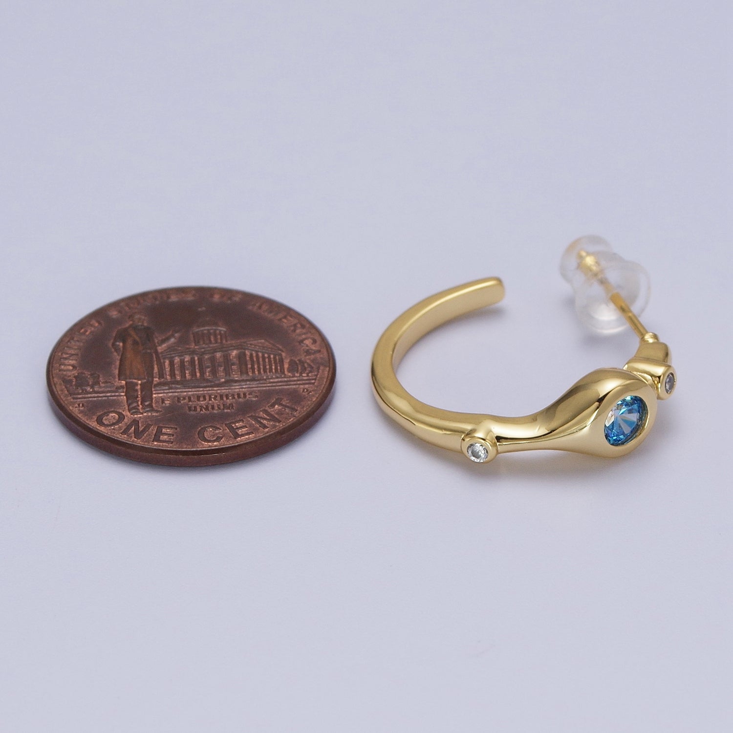 Gold Geometric Blue CZ Round Mini 20mm C-Shaped Hoops Earrings | AD199