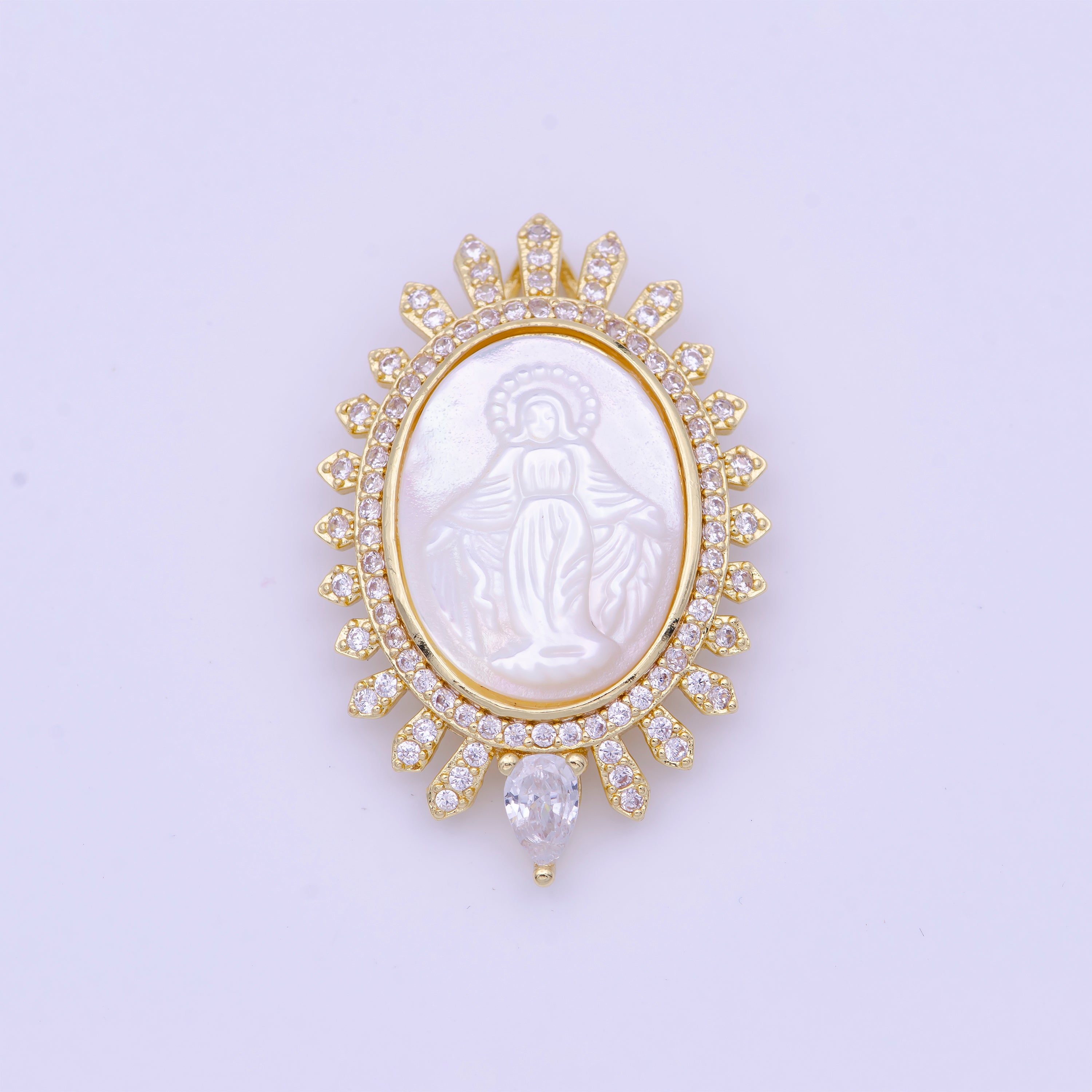 Silver Medallion Pendant Mother Of Pearl Miraculous Lady Charm Medallion Necklace Pendant with Cubic Zirconia C-705 H-773