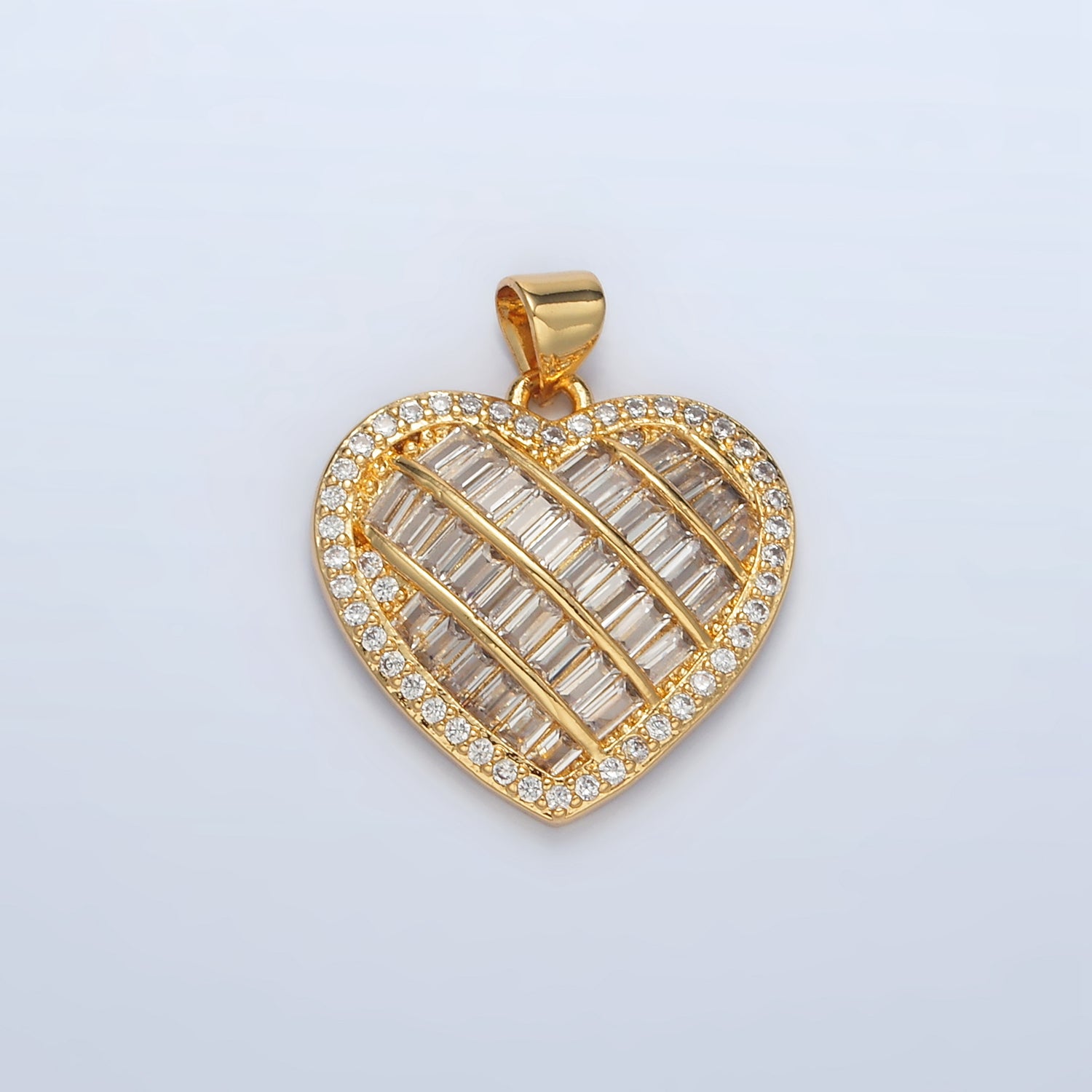 24K Gold Filled 25mm Baguette Micro Paved CZ Lined Heart Pendant | I459