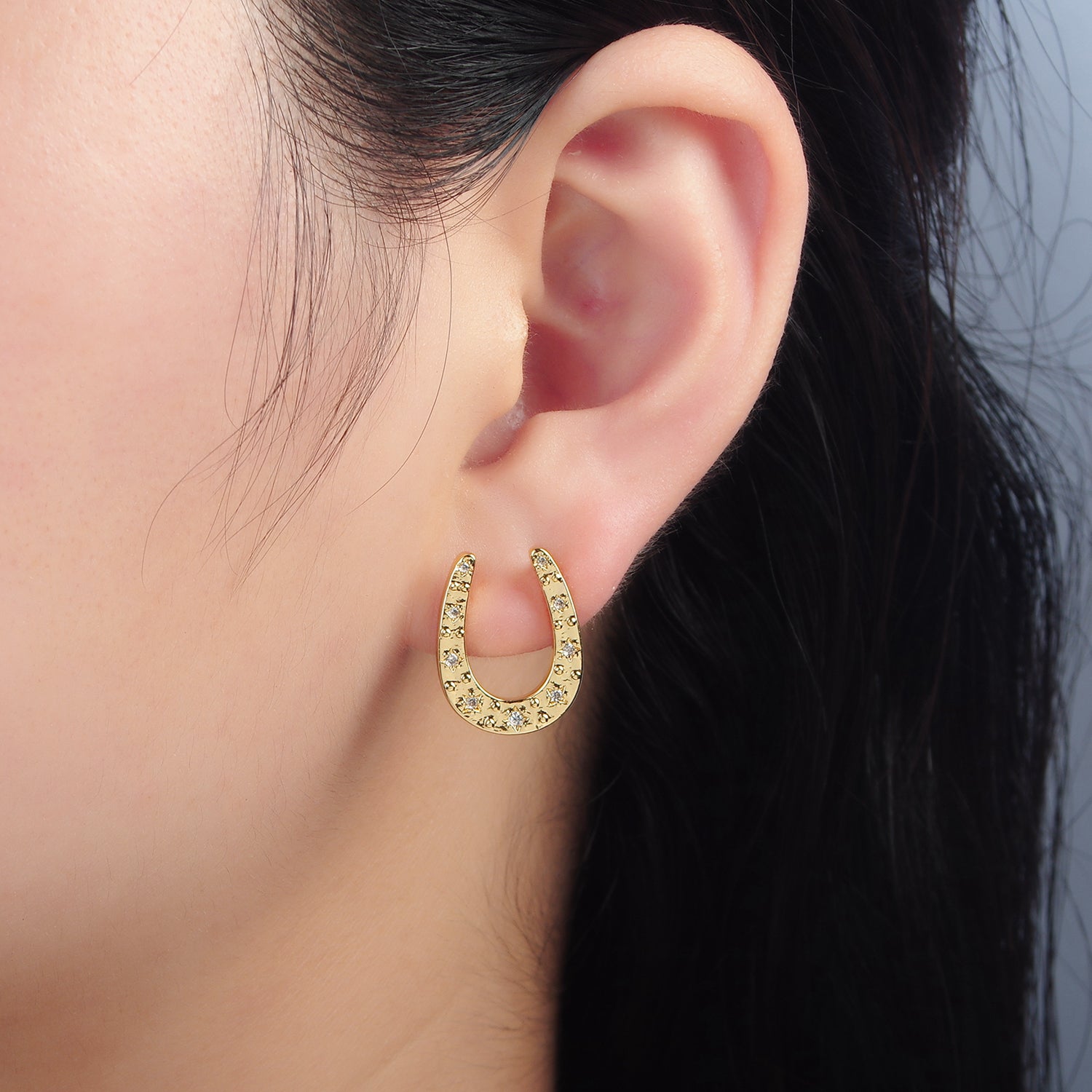 24K Gold Filled 14mm CZ Star Horseshoe Stud Earrings Set | Q102