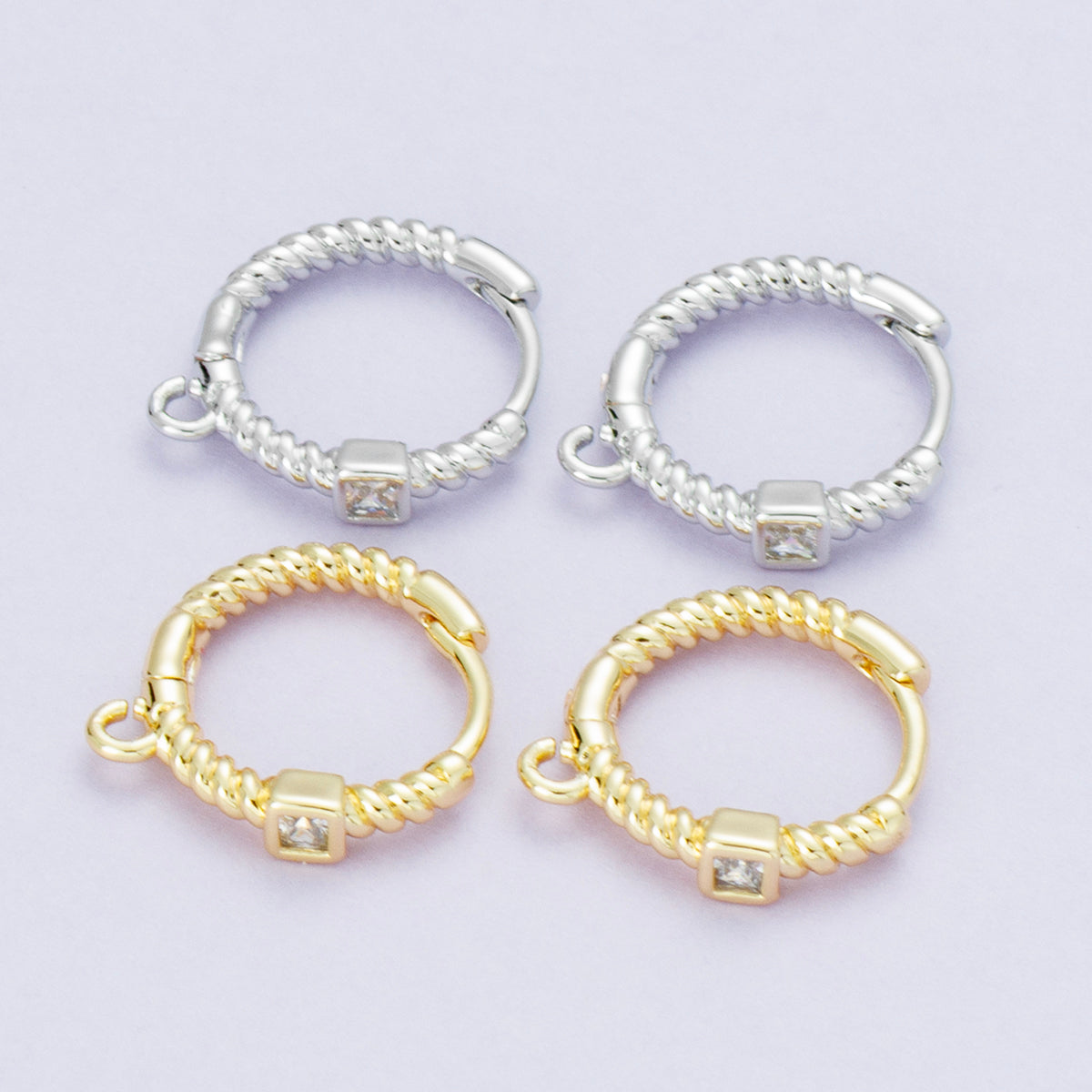 18K Gold Filled 15mm Clear Square CZ Ribbed Croissant Open Loop Drop Huggie Earrings in Gold & Silver | Findings-00113 Findings-00114
