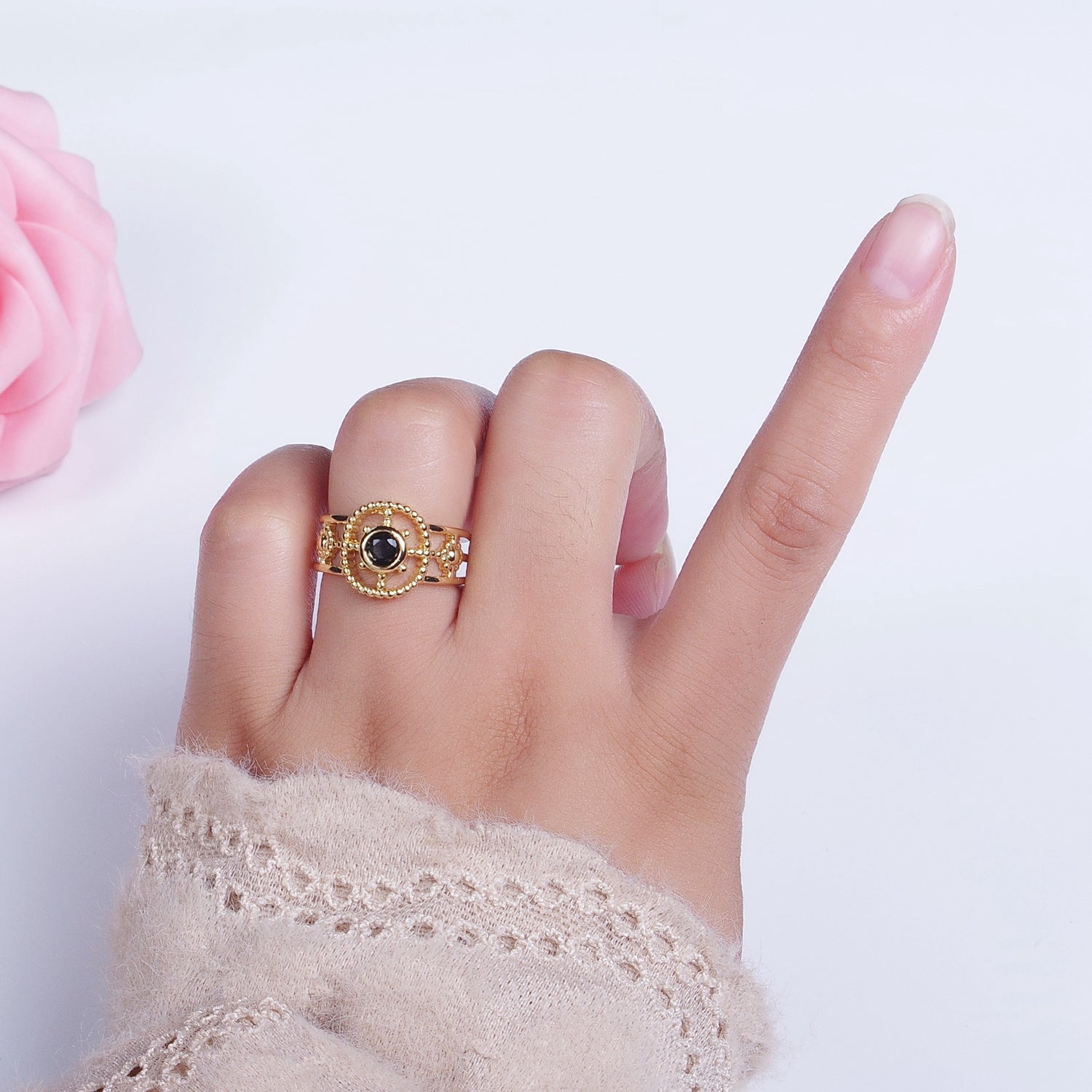Green, Pink, Blue, Fuchsia, Purple, Black CZ Beaded Bubble Celestial Sun Flower Double Band Ring | O078 - O083