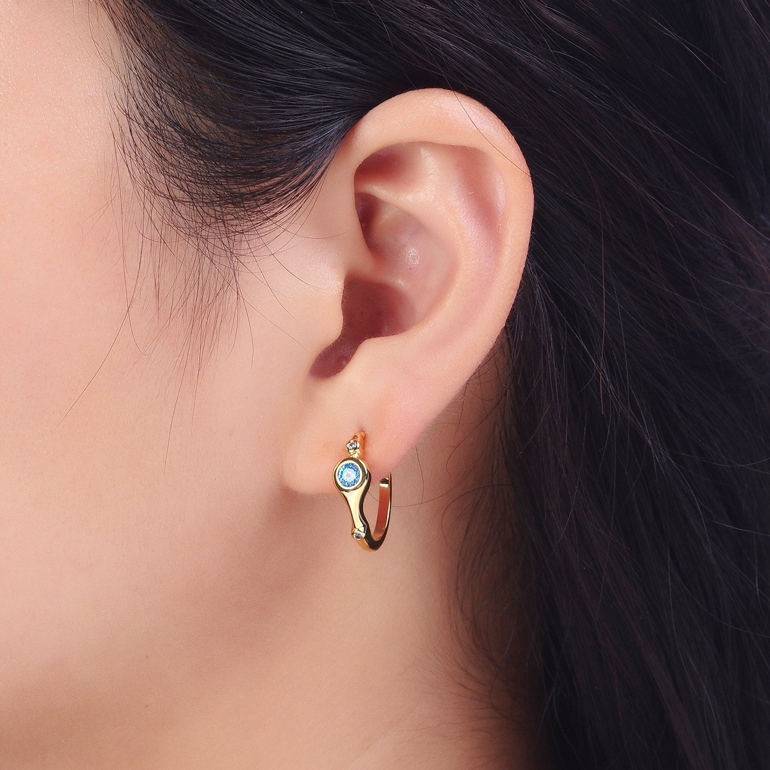 Gold Geometric Blue CZ Round Mini 20mm C-Shaped Hoops Earrings | AD199