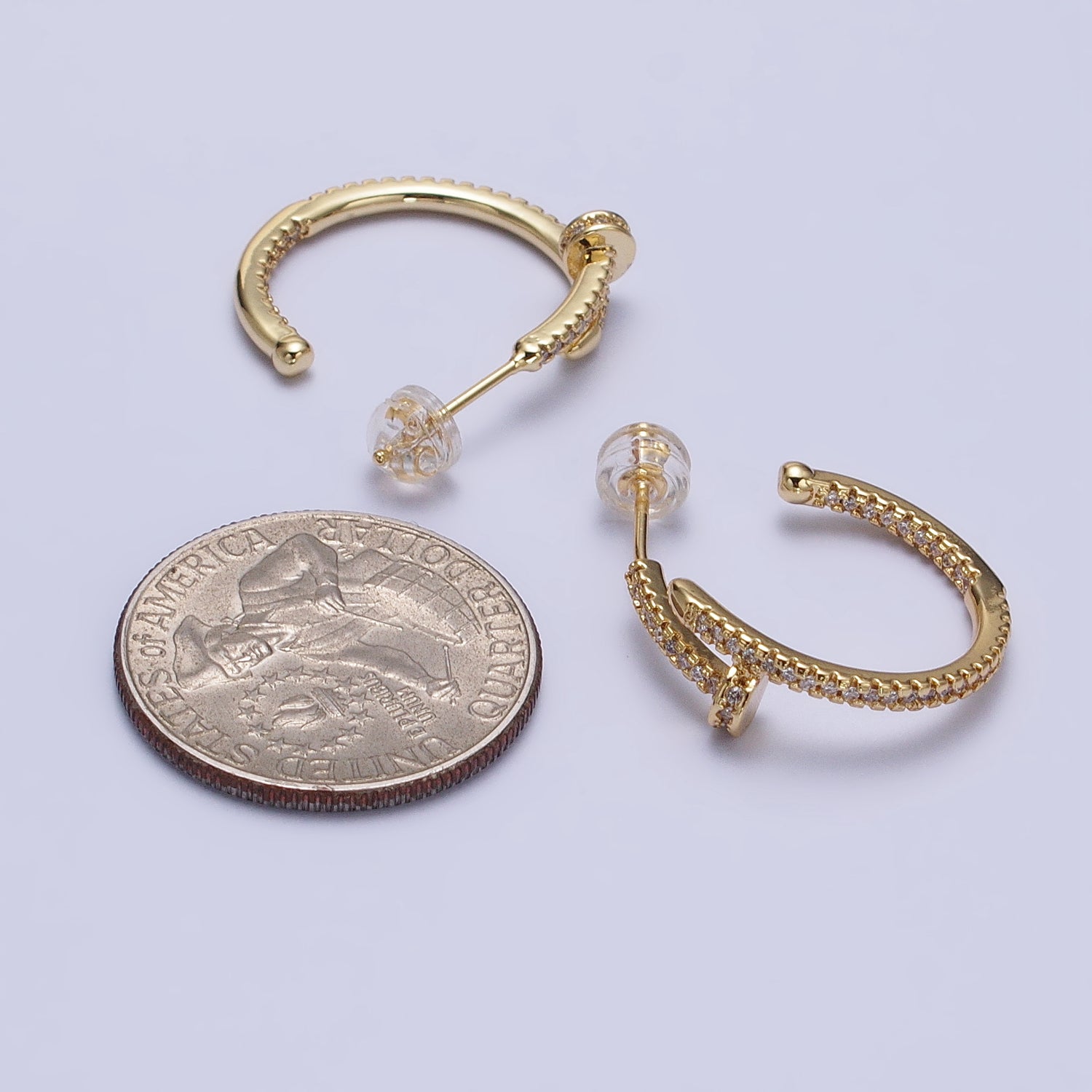 24K Gold Filled 23mm Needle Micro Paved CZ Hoop Earrings in Gold & Silver | AB534 AB535