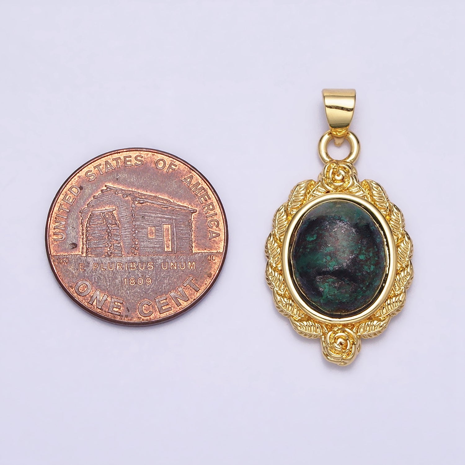 24K Gold Filled 29mm Lapis Lazuli, Malachite, Moss Agate Cabochon Gemstone Leaf Rose Bezel Pendant | AA286 - AA288