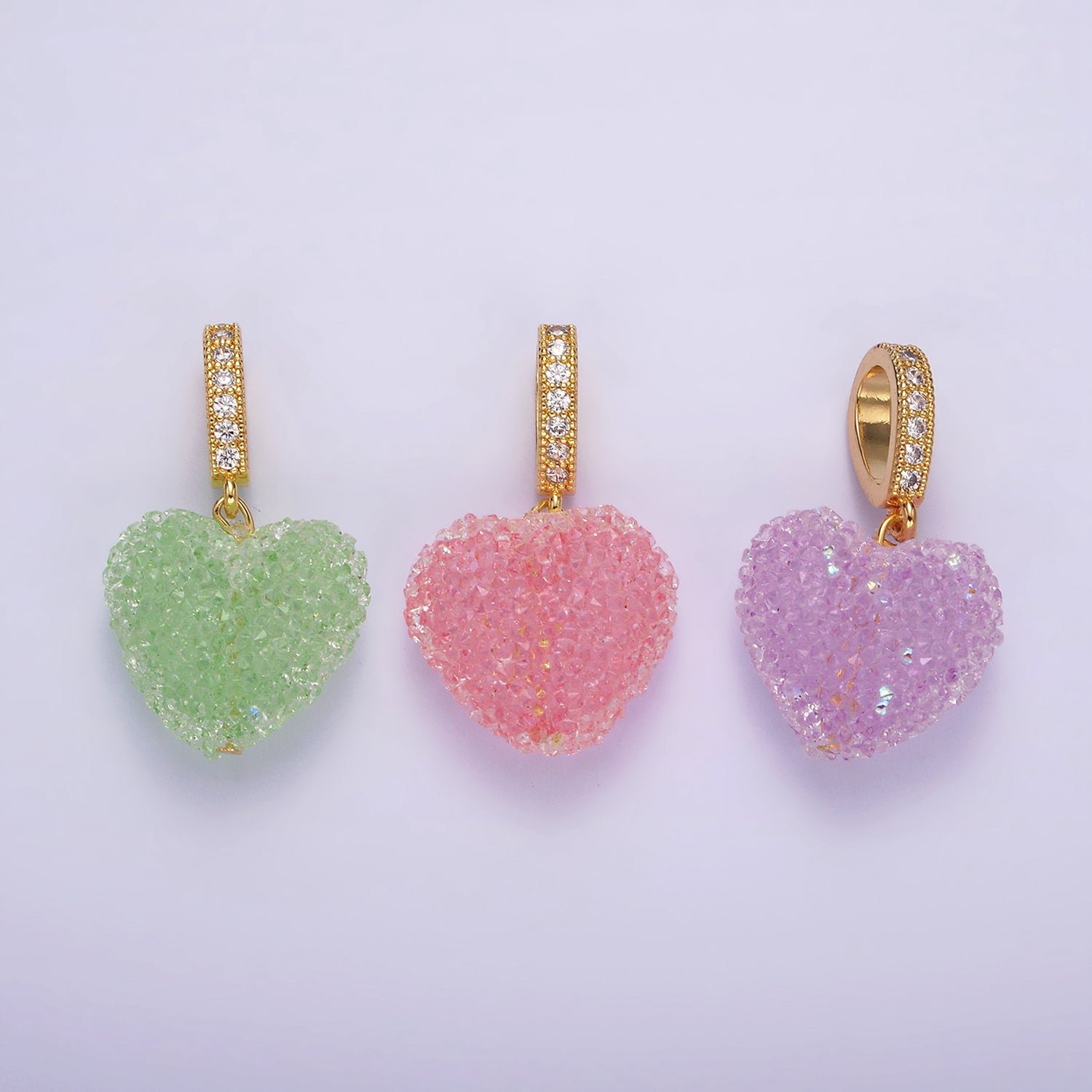 14K Gold Filled Green, Pink, Purple Puffed Heart Micro Paved Bail Pendant | N1977 - N1979