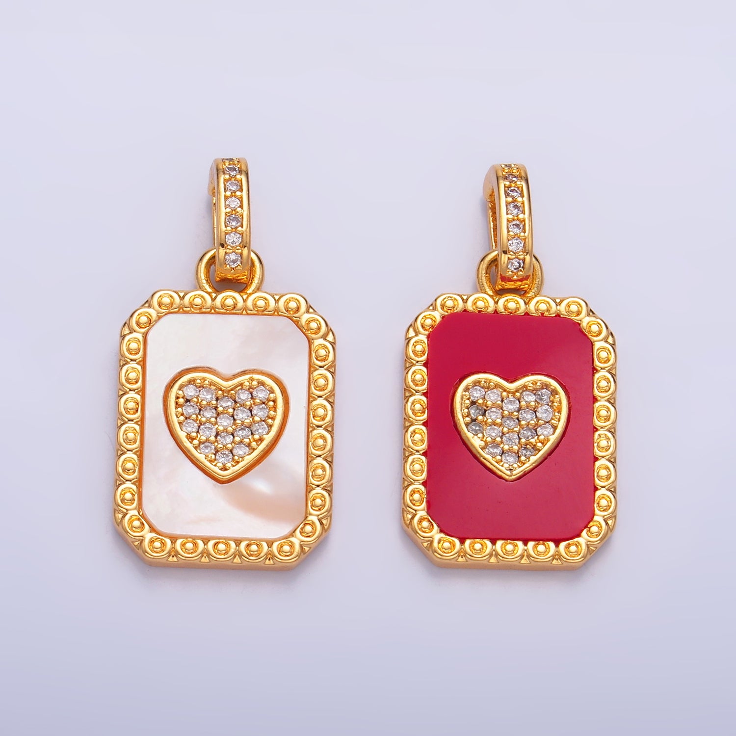 24K Gold Filled Red Carnelian, Shell Pearl Heart  Micro Paved Snap Bail Pendant | AA1056