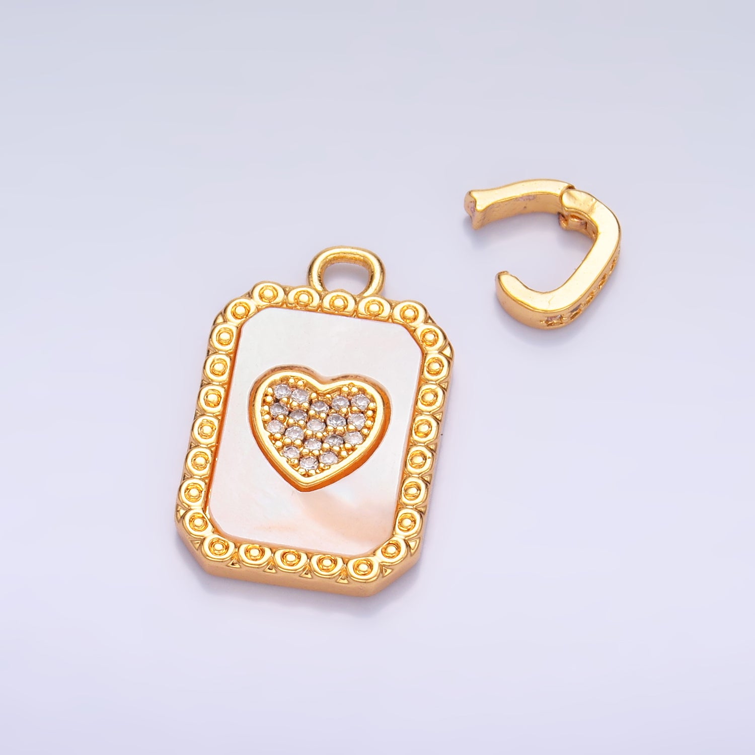 24K Gold Filled Red Carnelian, Shell Pearl Heart  Micro Paved Snap Bail Pendant | AA1056