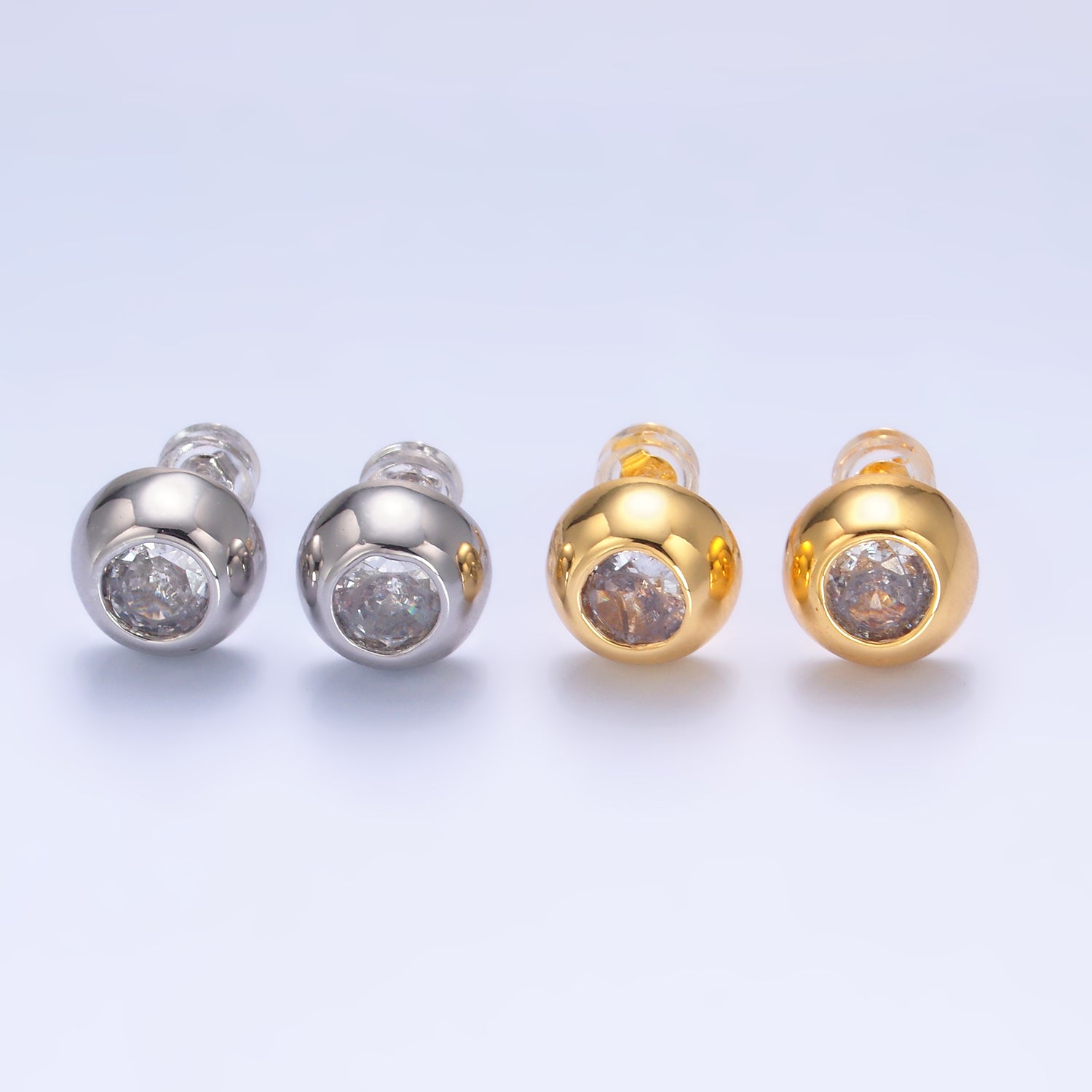 24K Gold Filled 10mm Clear CZ Bezel Round Stud Earrings in Gold & Silver | V230 V489