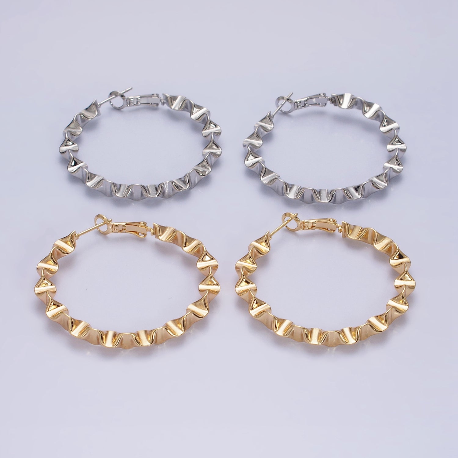 16K Gold Filled 43.5mm Geometric Wavy Foil Hinge Hoop Earrings in Gold & Silver | AB1437 - AB1438