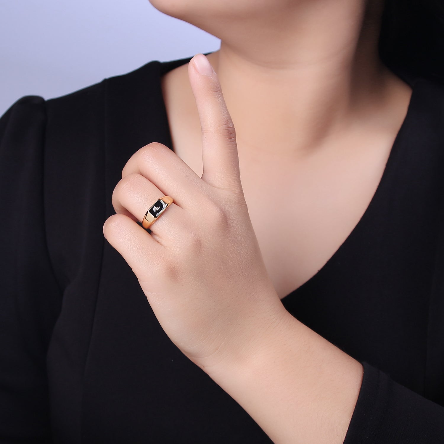 24K Gold Filled Black, Pink, Red, Purple Enamel CZ North Star Rectangle Signet Ring | U509 - U513