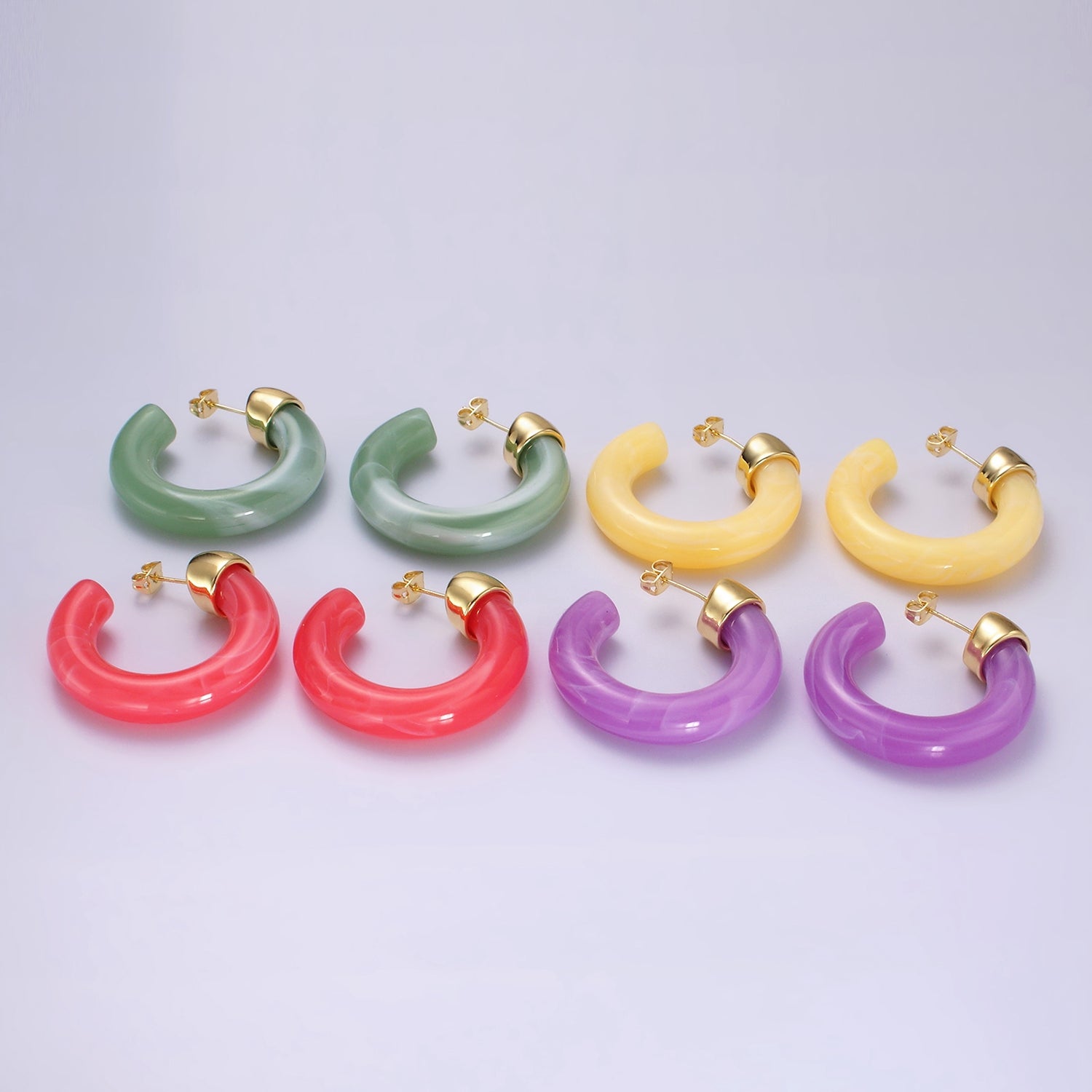 14K Gold Filled 35mm Yellow, Green, Pink, Purple, Clear Resin C-Shaped Hoop Earrings | AE189 - AE192 P082