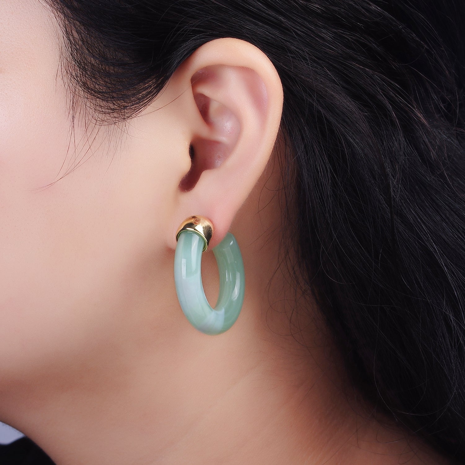 14K Gold Filled 35mm Yellow, Green, Pink, Purple, Clear Resin C-Shaped Hoop Earrings | AE189 - AE192 P082