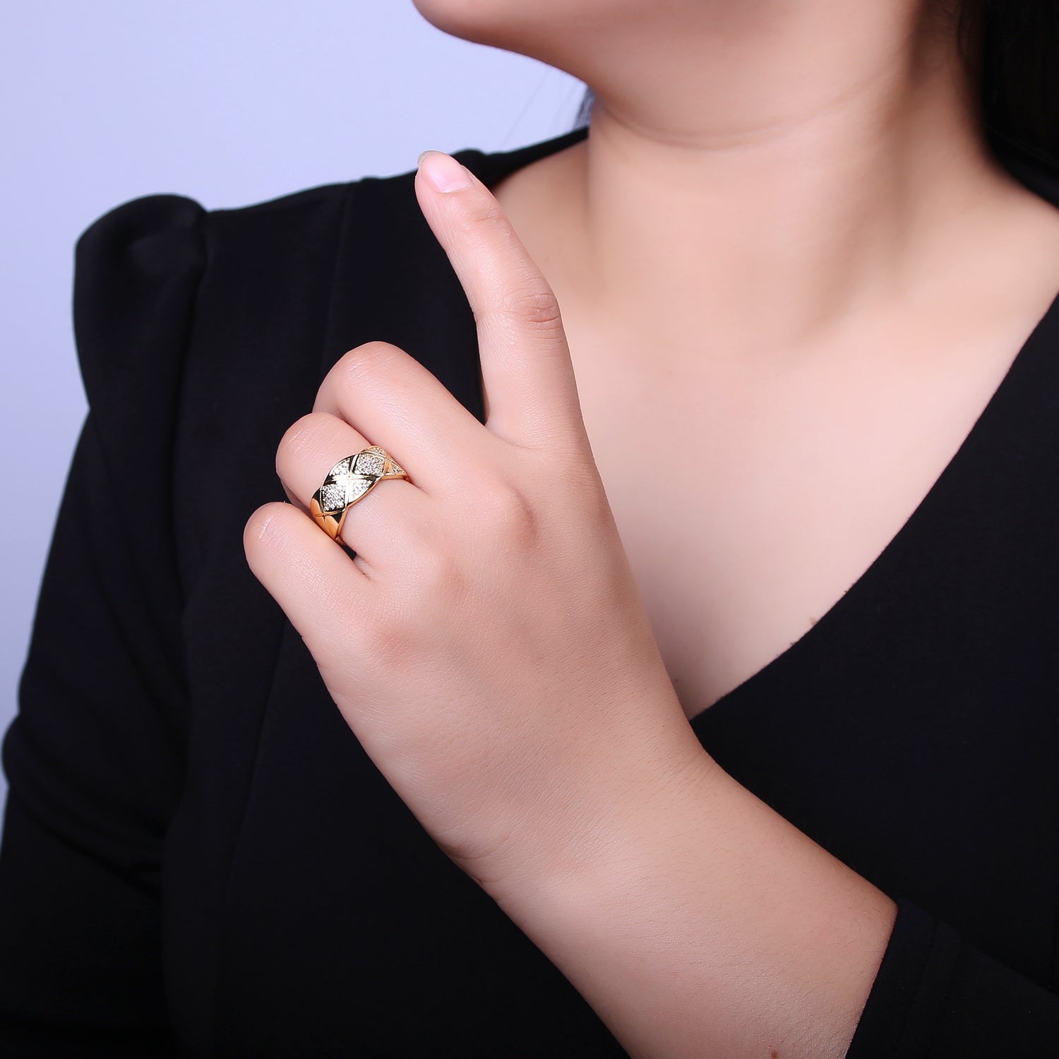 24K Gold Filled Micro Paved CZ X Lined Crossed Wide Band Ring | O2041