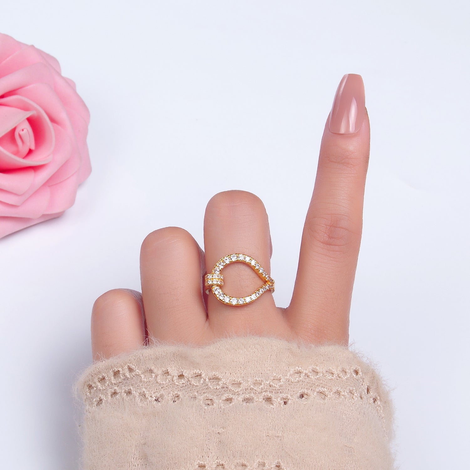 24K Gold Filled CZ Paved Open Circle Buckle Ring | U449