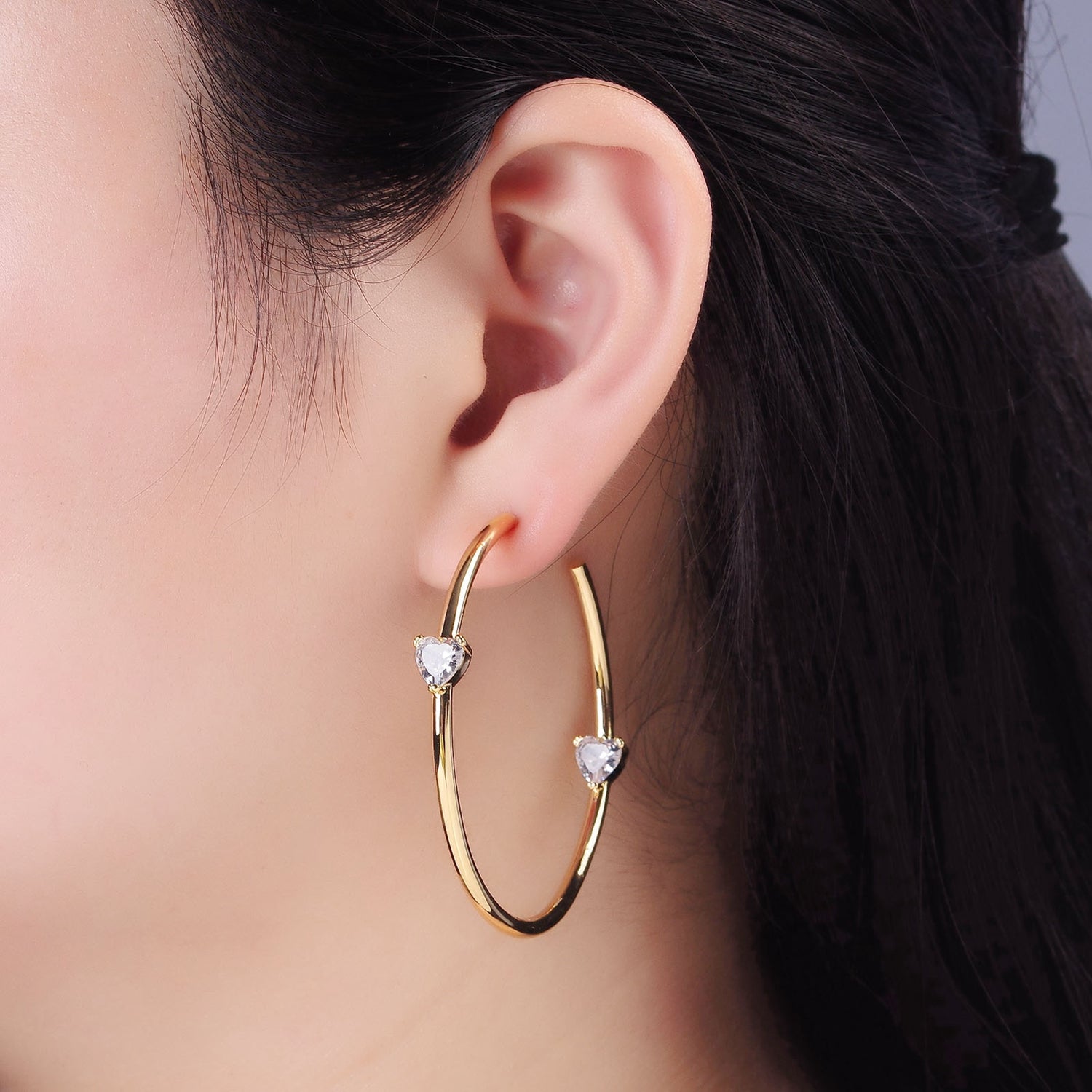 14K Gold Filled Double Heart CZ C-Shaped Hoop Earrings in Gold & Silver | Q069