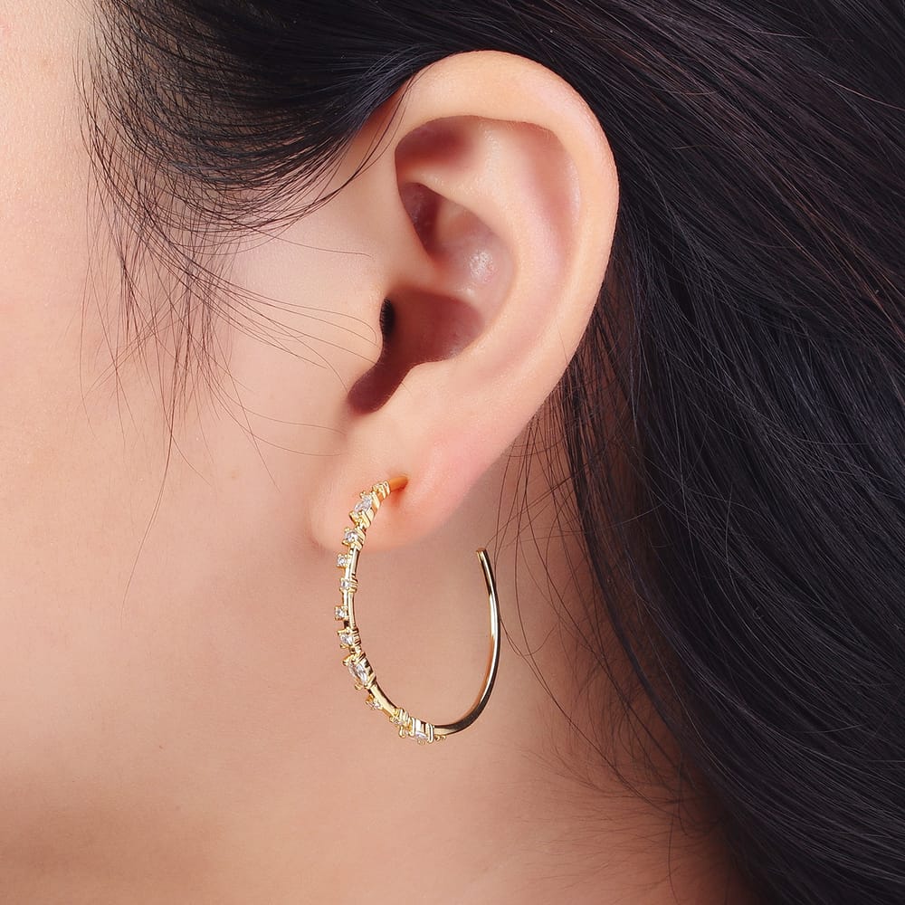 14K Gold Filled 33mm Clear CZ Cluster C-Shaped Hoop in Gold & Silver