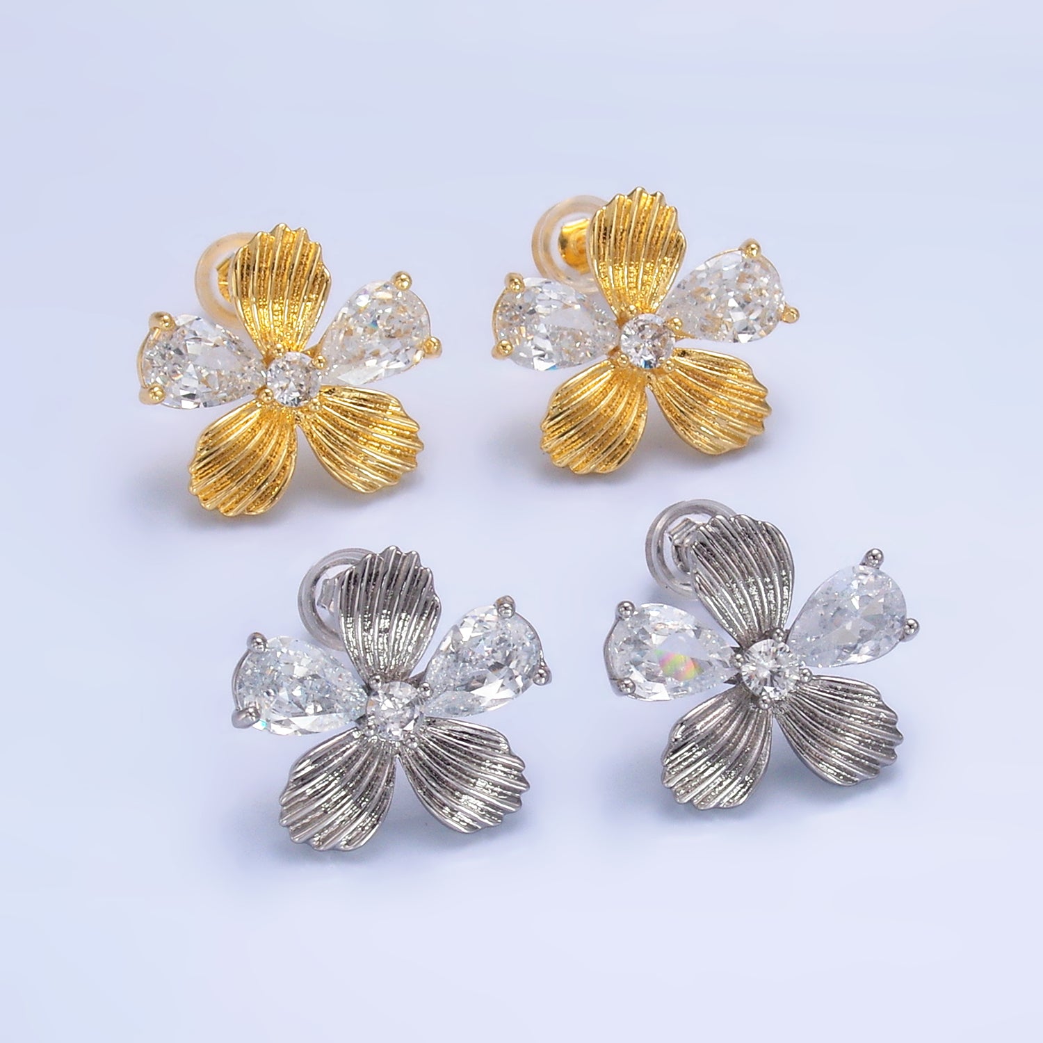 24K Gold Filled Clear CZ Textured Flower Stud Earrings in Gold & Silver | AB722 AB723