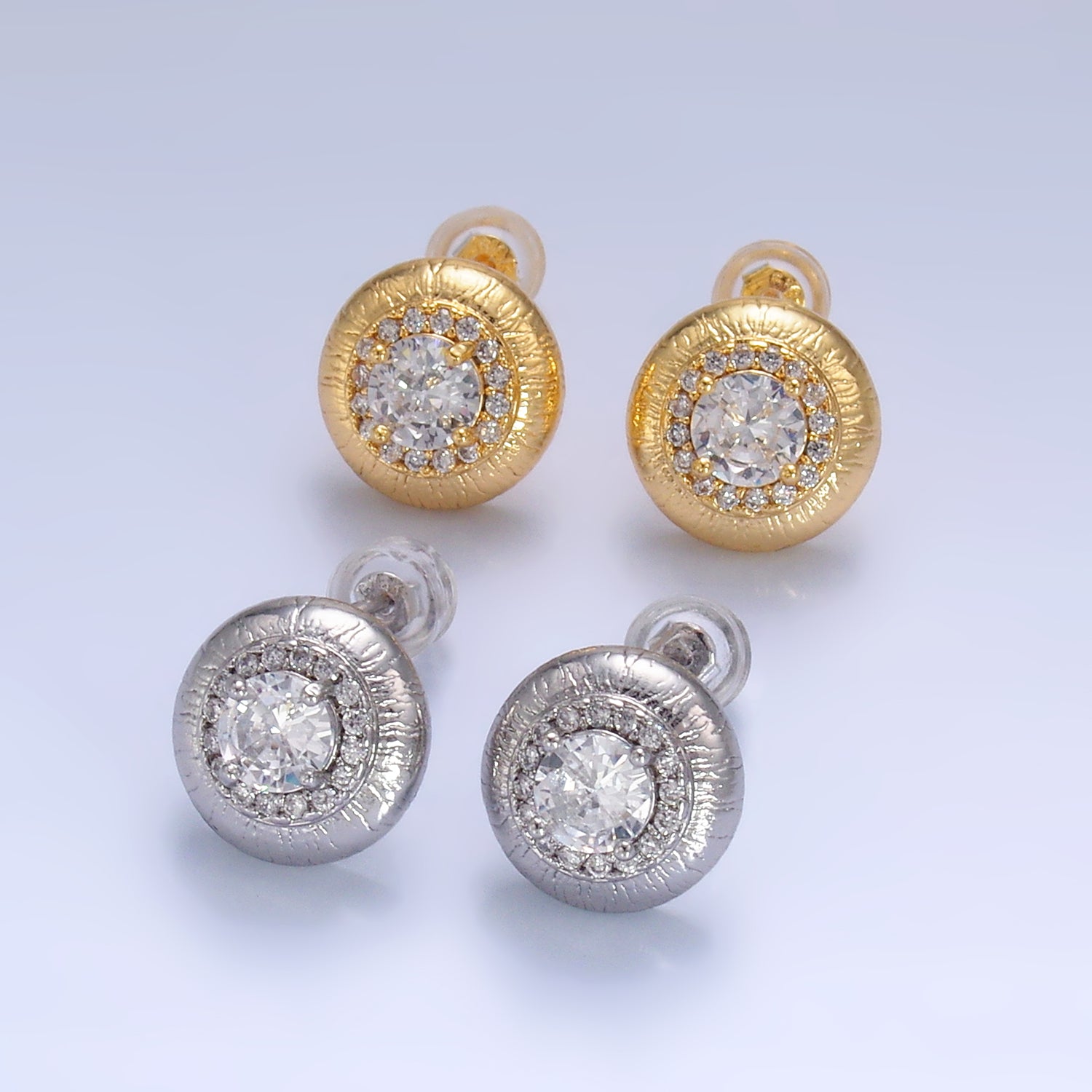 24K Gold Filled Clear CZ Micro Paved Round Stud Earrings in Gold & Silver | AB977 AB978