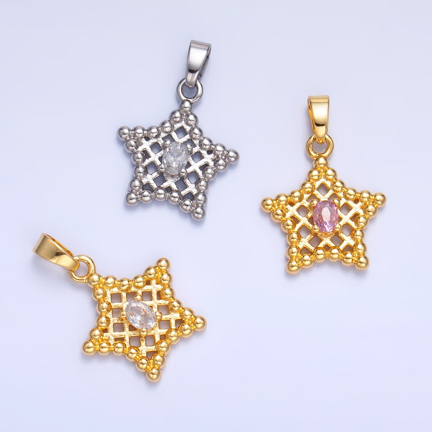 24K Gold Filled Clear, Pink CZ Beaded Ball Celestial Star Pendant in Gold & Silver | AA1429 AA1430