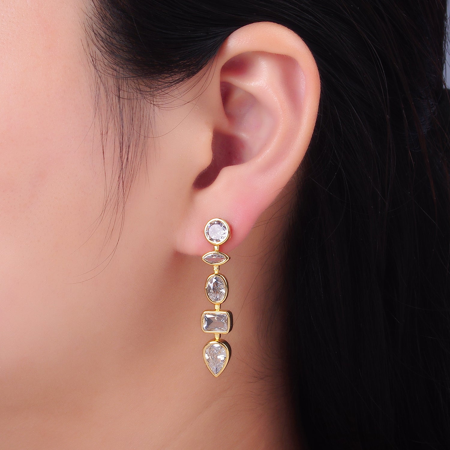24K Gold Filled Clear CZ Geometric Drop Stud Earrings | V350