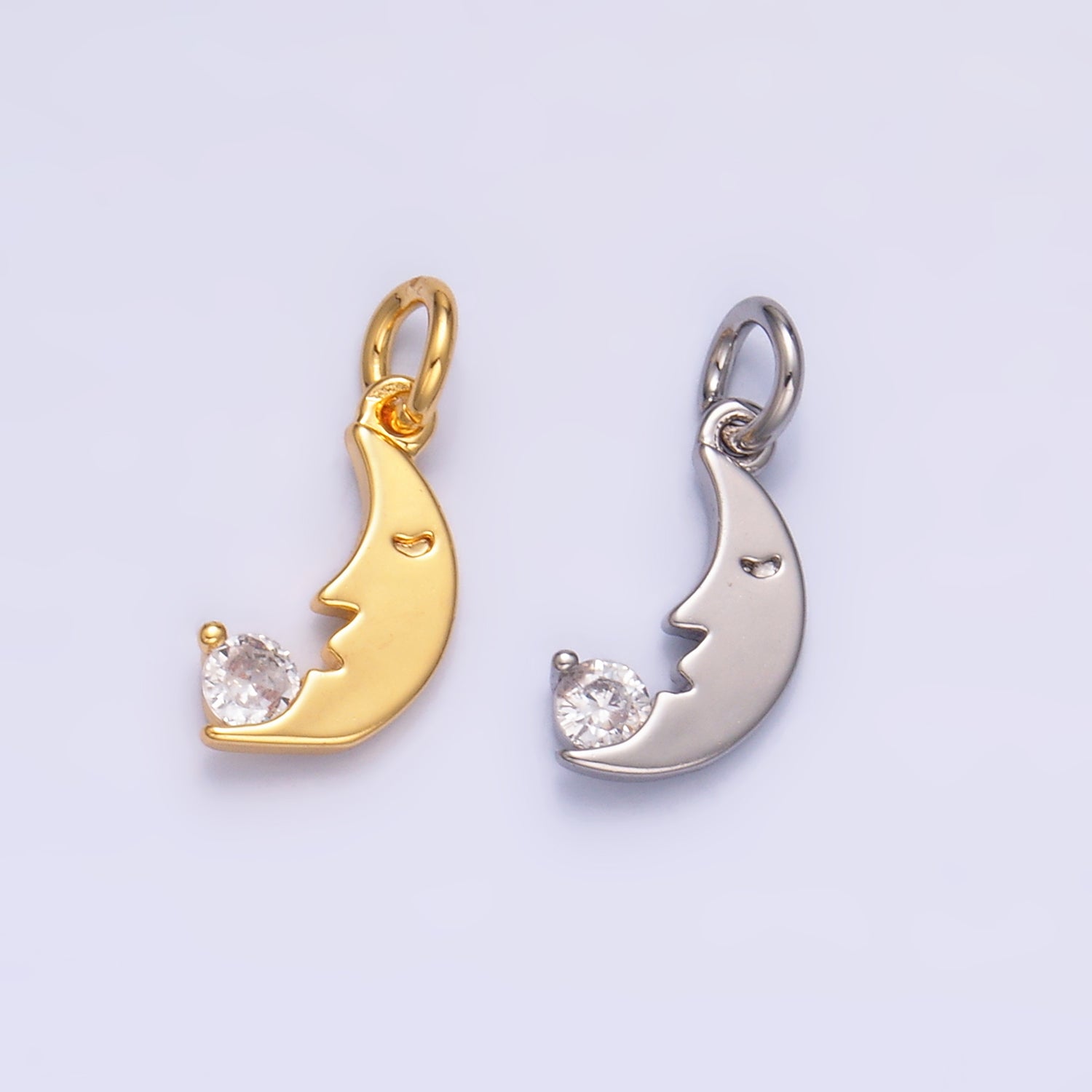 24K Gold Filled CZ Celestial Crescent Moon Face Charm in Gold & Silver | W834