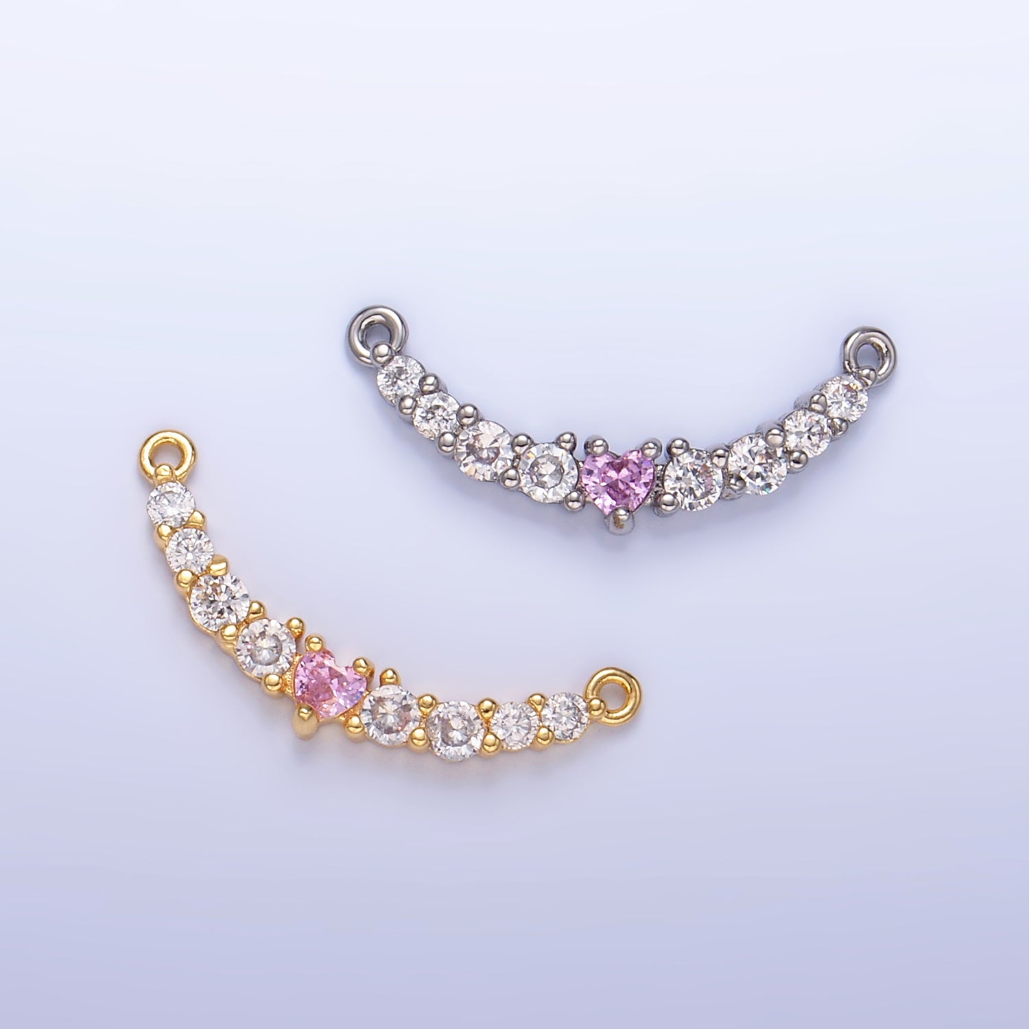 24K Gold Filled Pink Heart CZ Micro Paved Curved Connector in Gold & Silver | Y004