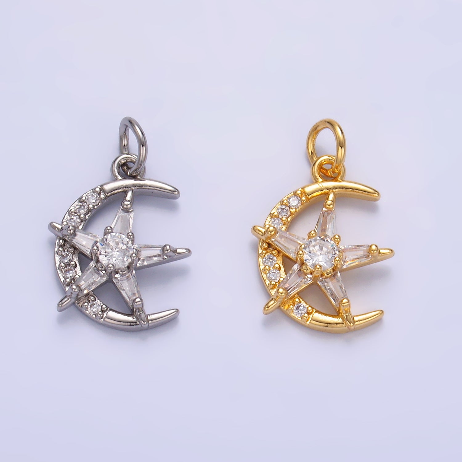 24K Gold Filled Celestial Crescent Moon Star Micro Paved CZ Mini Charm in Gold & Silver | W811