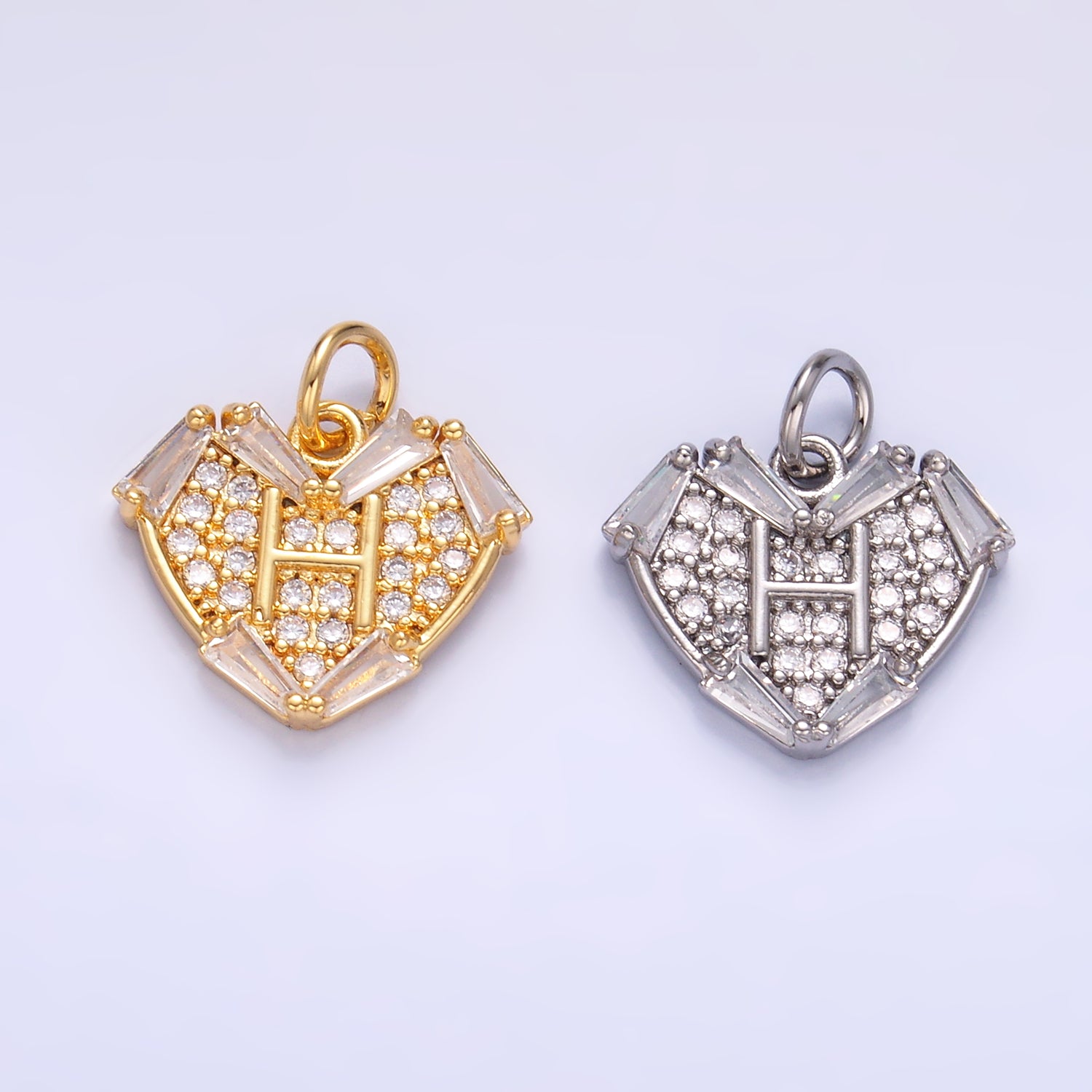 24K Gold Filled Clear Micro Paved Baguette CZ Heart Charm in Gold & Silver | W801