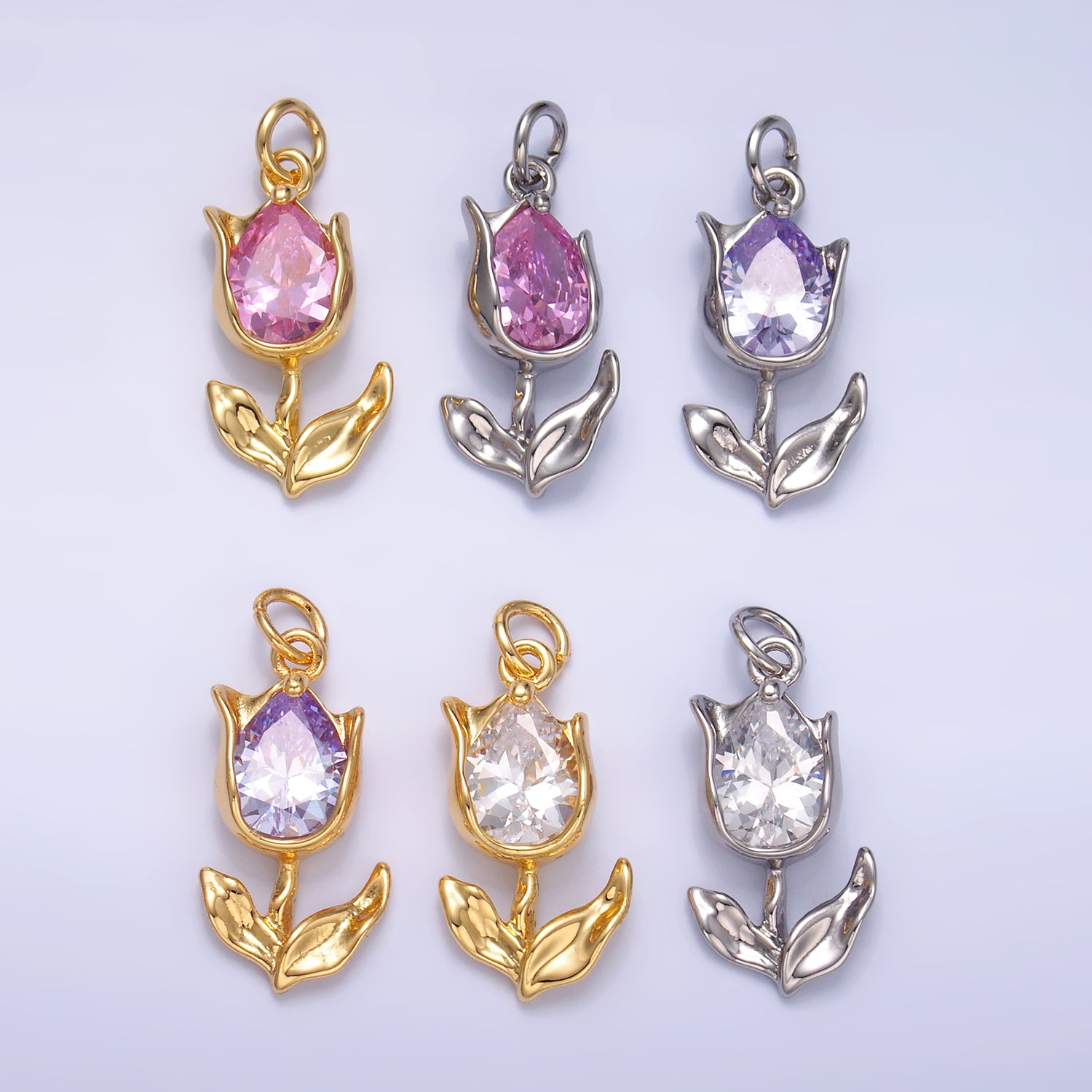 24K Gold Filled Clear, Pink CZ Tulip Charm in Gold & Silver | W819 W820 M182