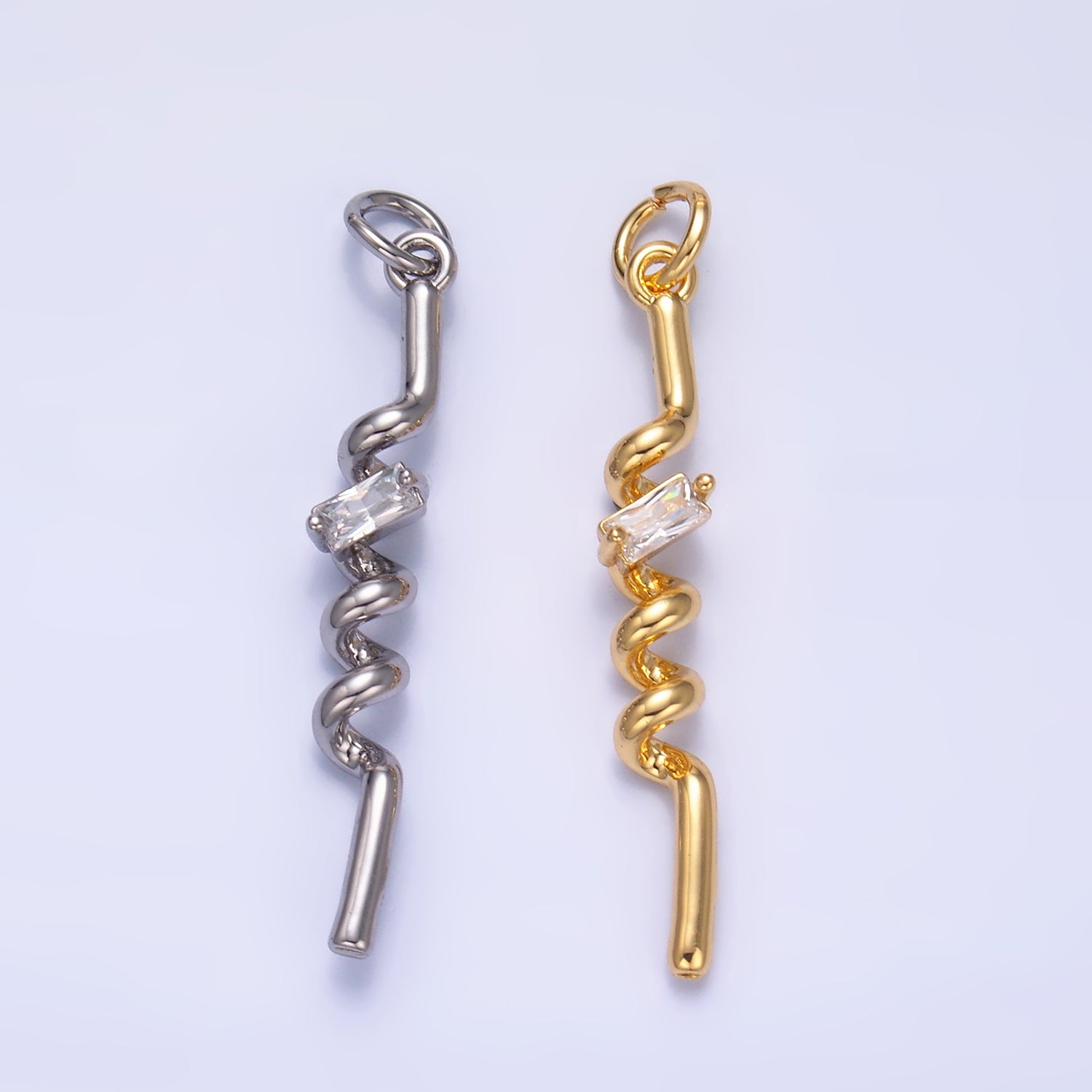 24K Gold Filled Clear Baguette CZ Twisted Charm in Gold & Silver | W812