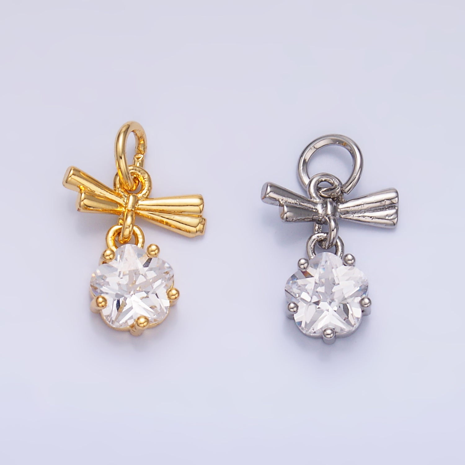 24K Gold Filled Clear CZ Ribbon Bow Drop Charm in Gold & Silver | W815