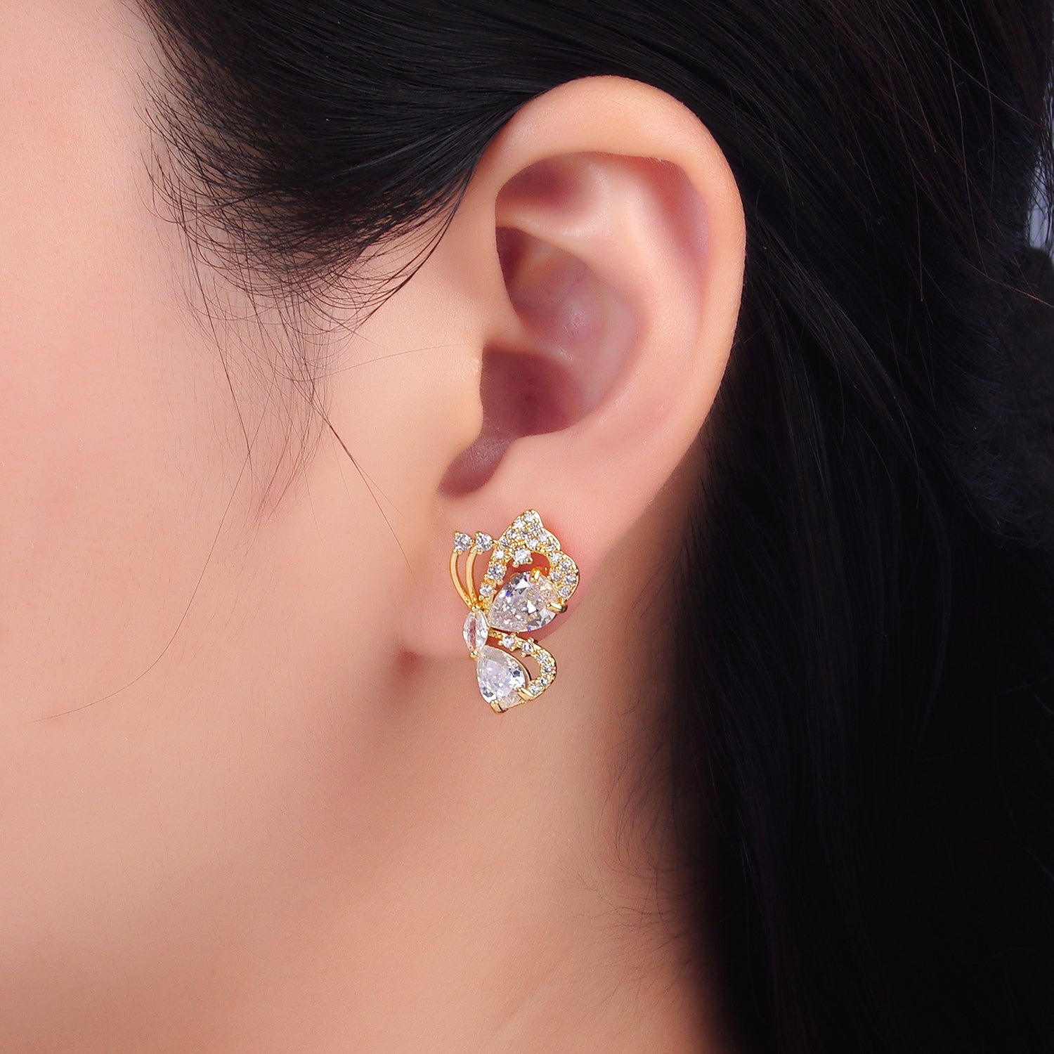 24K Gold Filled CZ Micro Paved Butterfly Insect Earrings Set | AB986