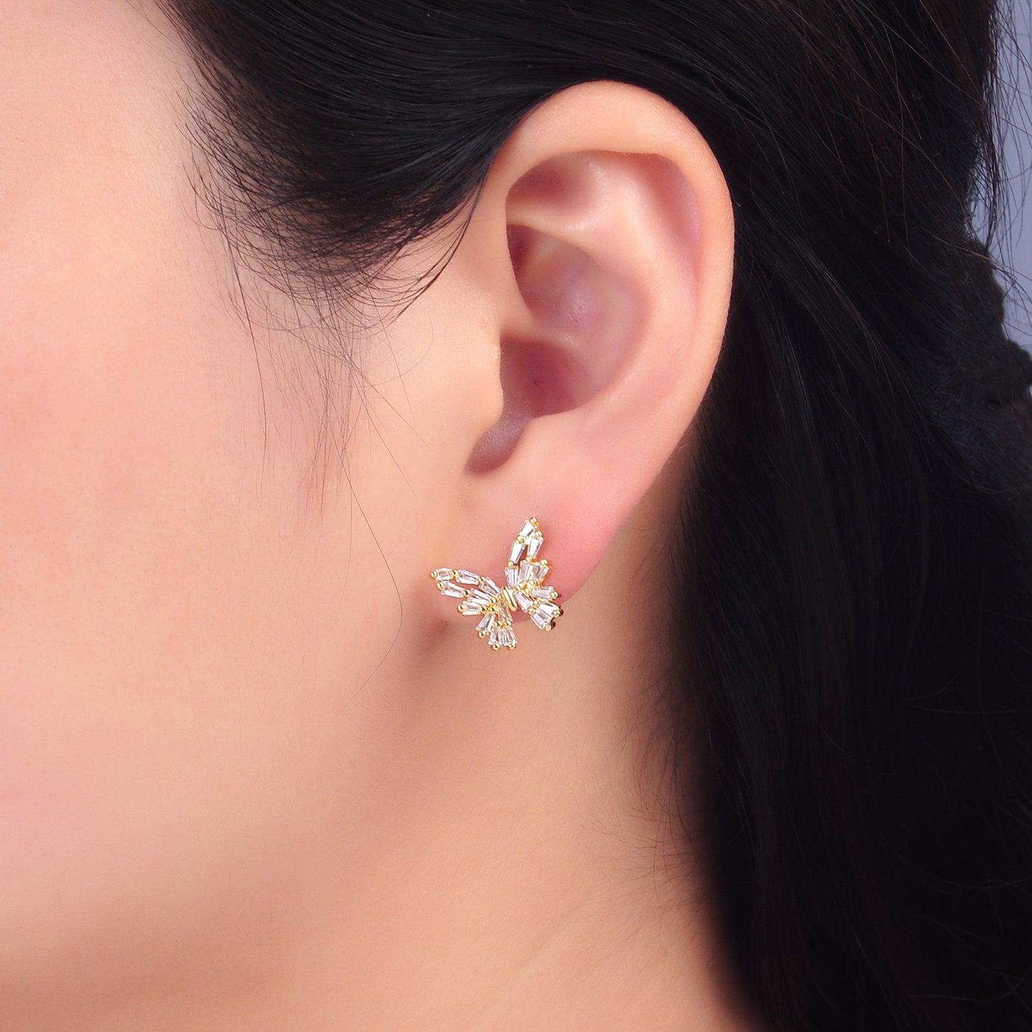 24K Gold Filled Baguette CZ Butterfly Insect Stud Earrings | AB872