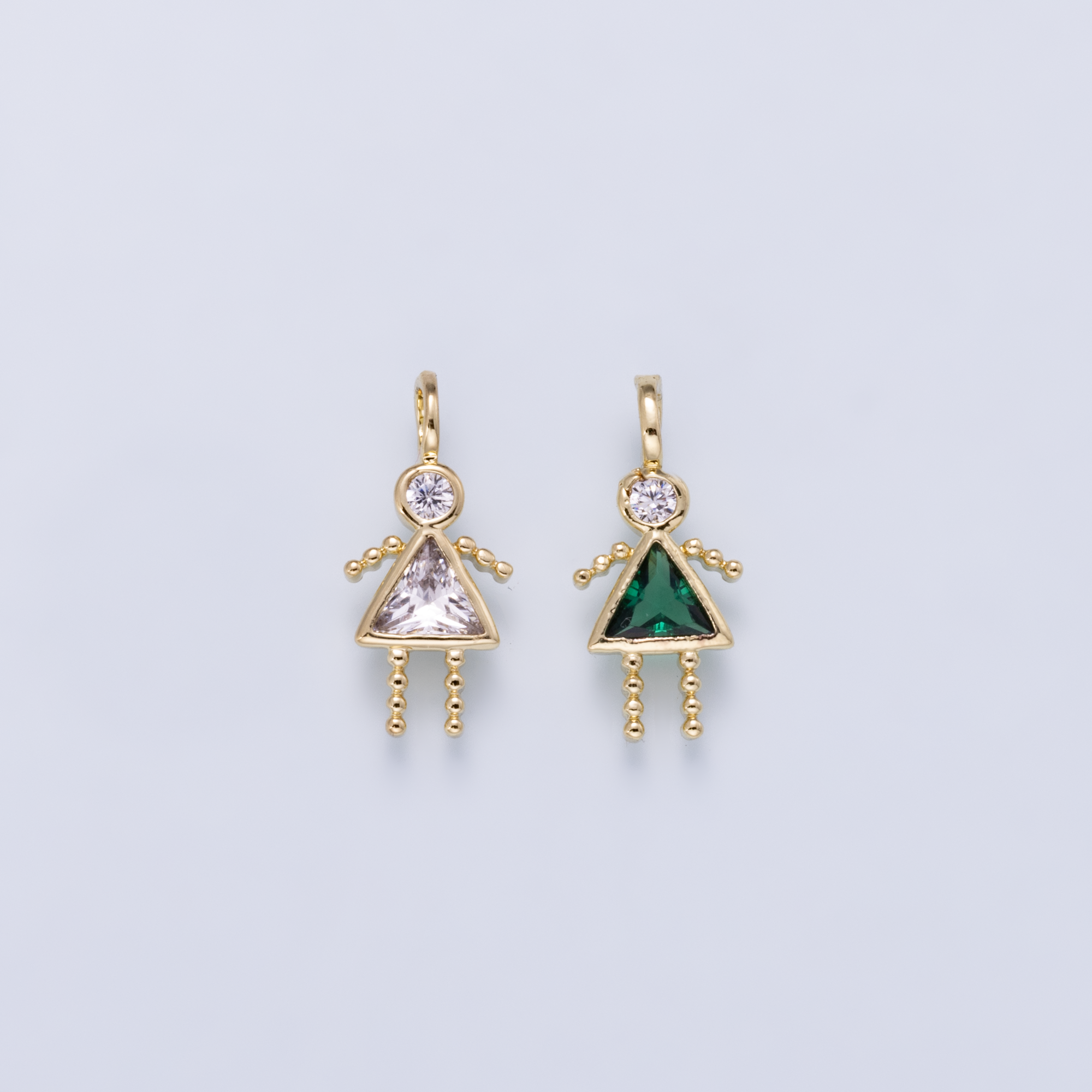 24K Gold Filled 15mm Green, Clear CZ Triangle Little Girl Silhouette Charm | Charms-01263 Charms-01264