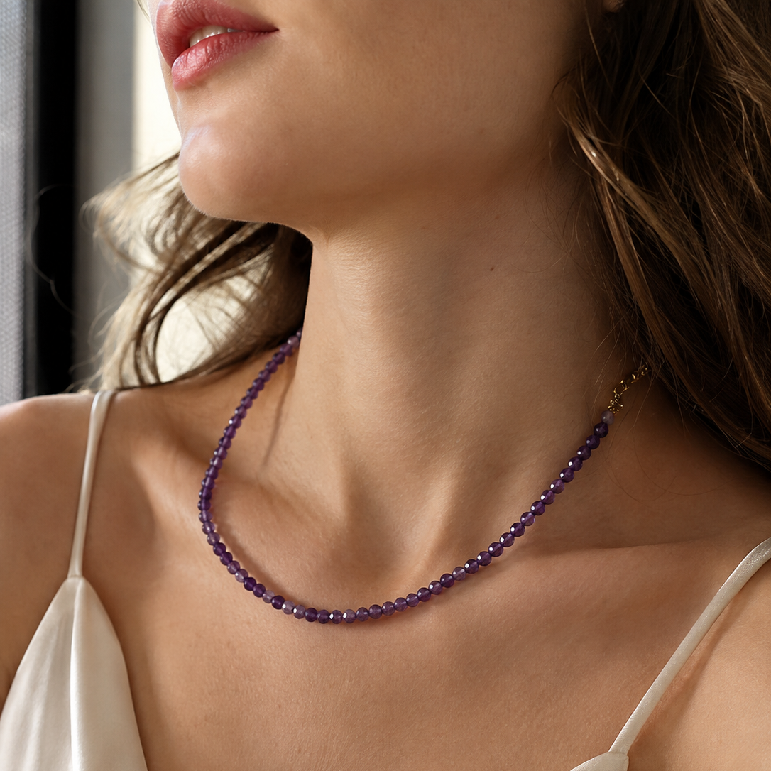 16K Gold Filled 4mm Amethyst Multifaceted Round Gemstone Chain 16 Inch Necklace | WA-02938
