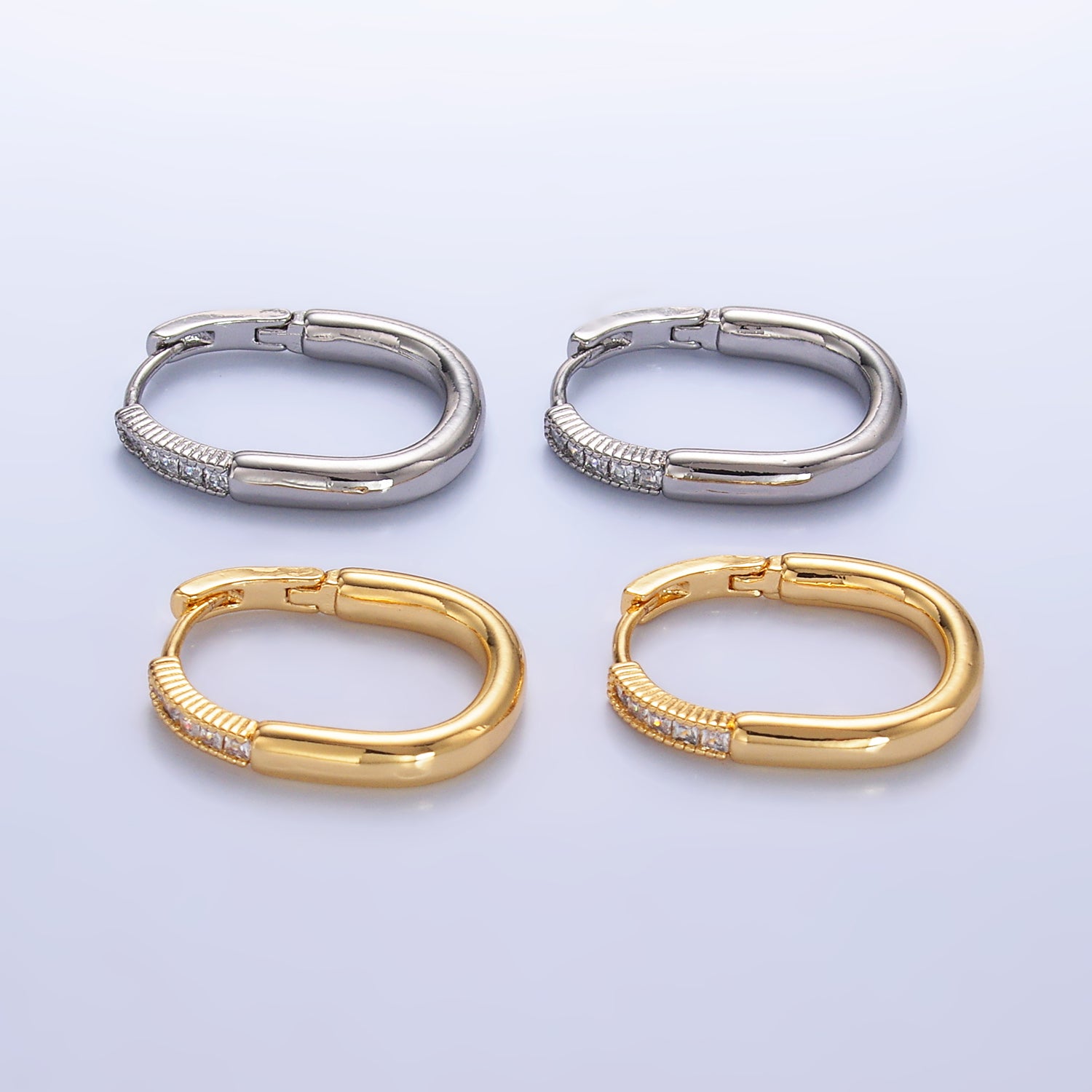 24K Gold Filled Baguette CZ U-Shaped Oblong Hoop Earring in Gold & Silver | AB869 AB870