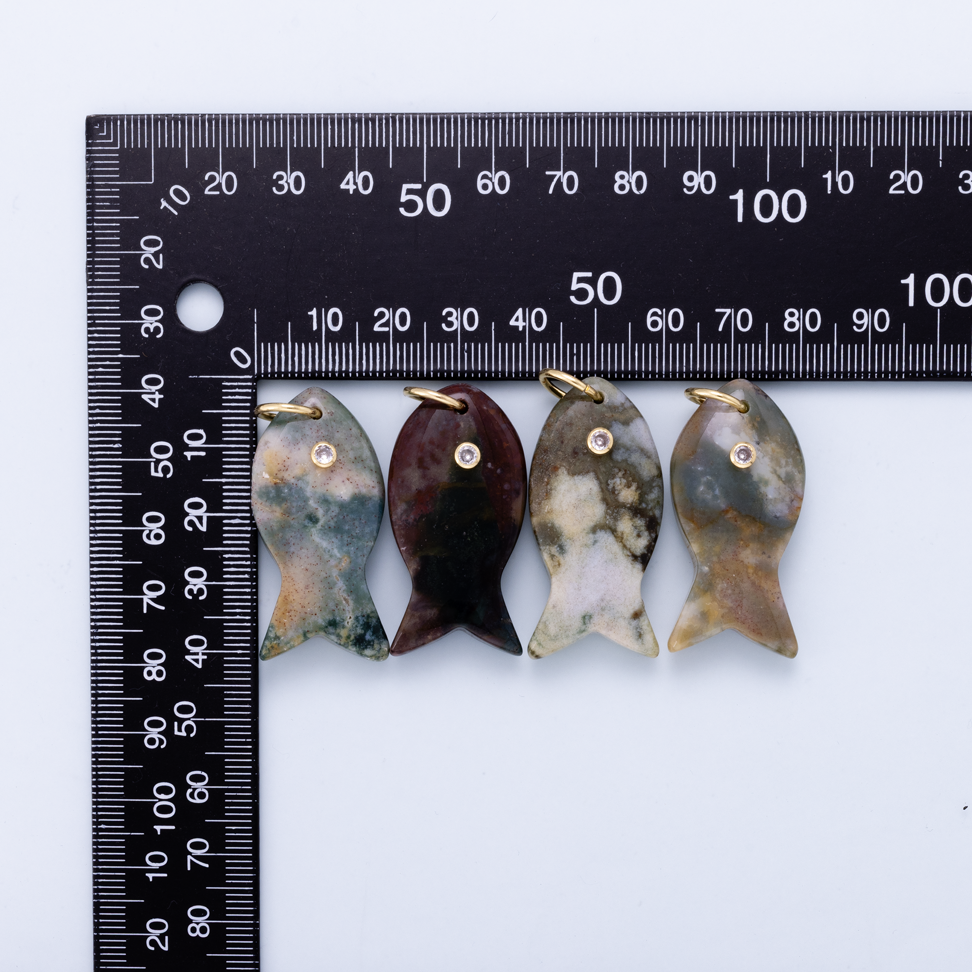 SUMMER 18K Gold Filled 44mm Clear CZ VARIOUS RANDOM Moss Agate Gemstone Fish Charm | Charms-01611