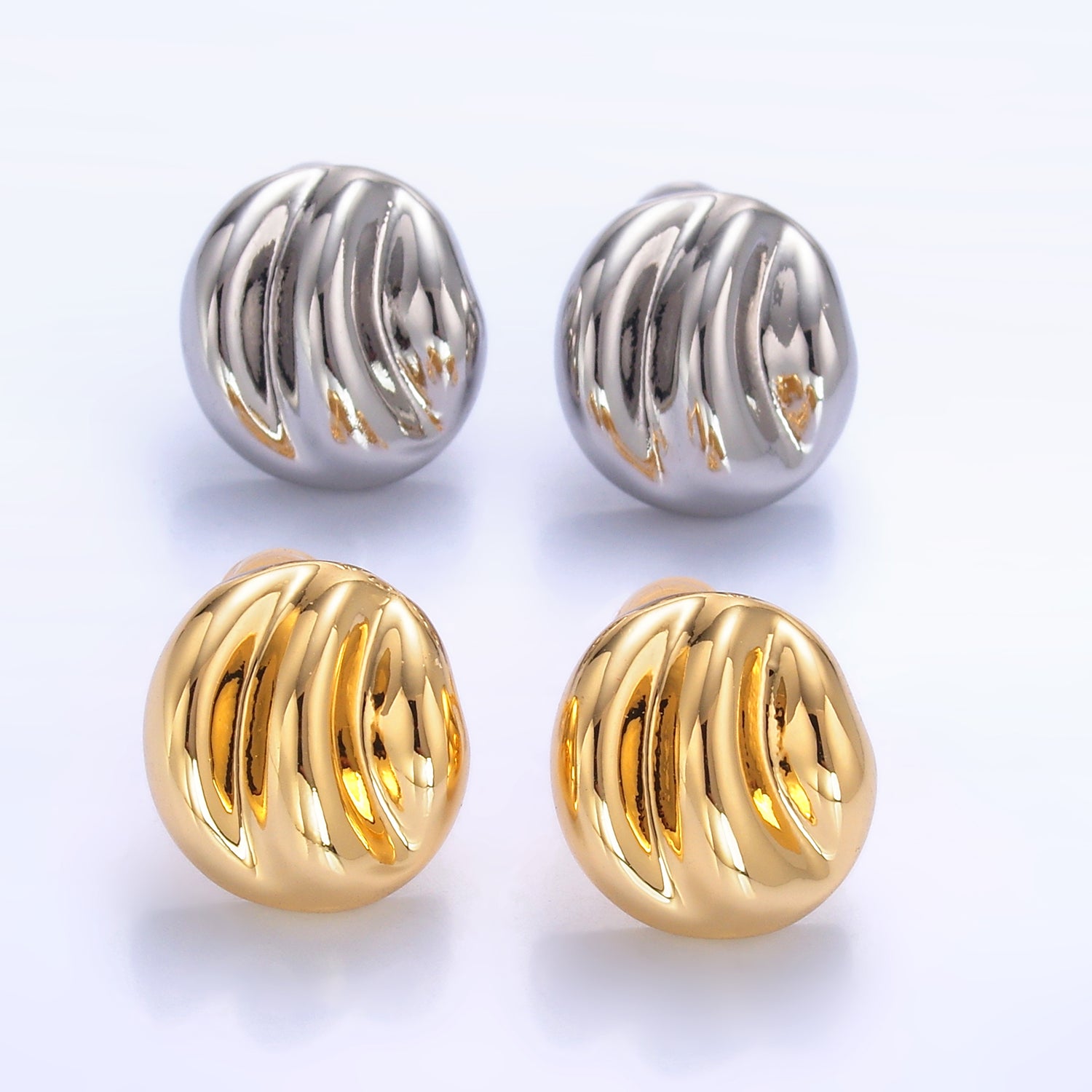 24K Gold Filled Geometric Hammered Lined Round Stud Earrings in Gold & Silver | AB877 AB878