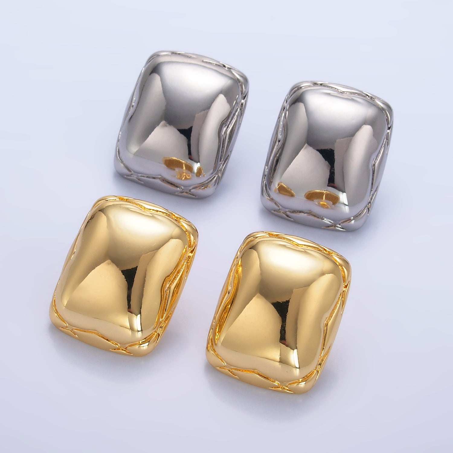 24K Gold Filled Quilted Rectangular Stud Earrings in Gold & Silver | AB901 AB902