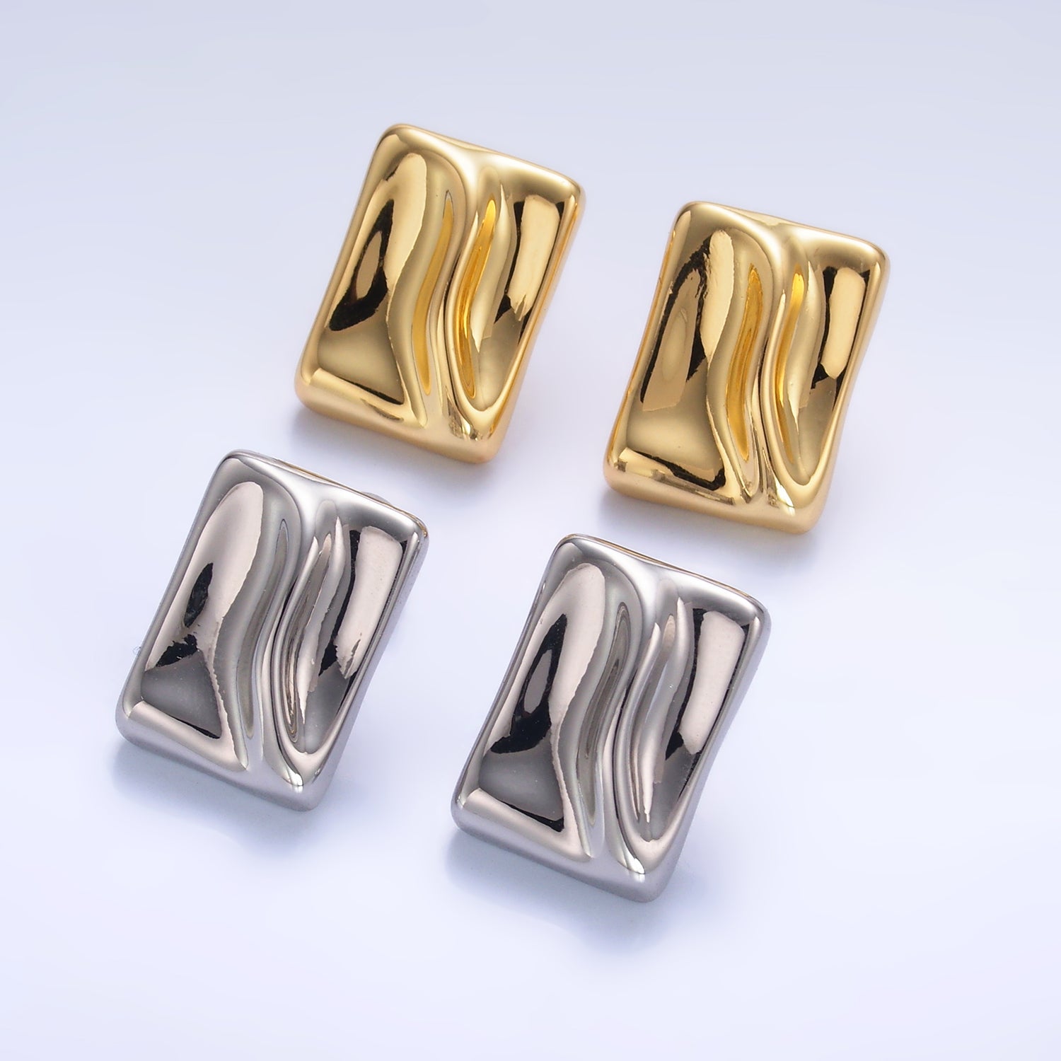 24K Gold Filled Molten Rectangular Stud Earrings in Gold & Silver | AB794 AB795