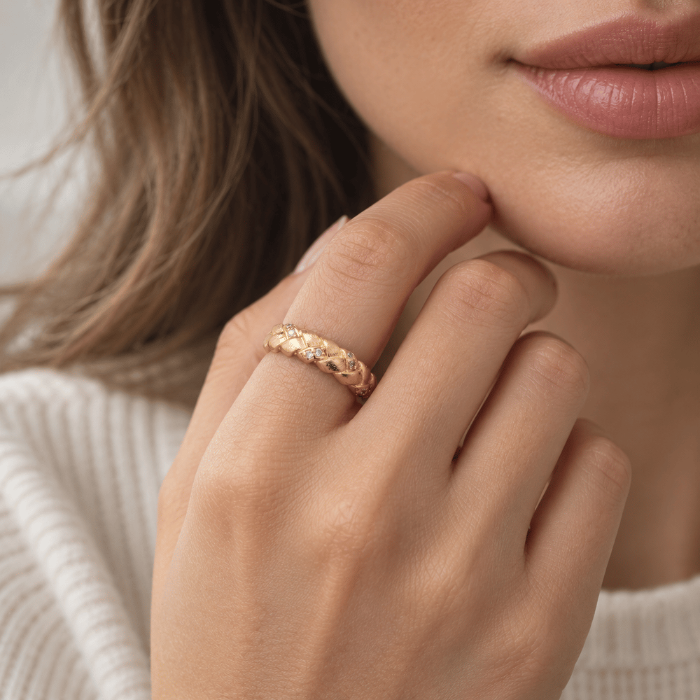 16K Gold Filled Micro Paved CZ Lined Textured Woven Adjustable Ring | Rings-00435