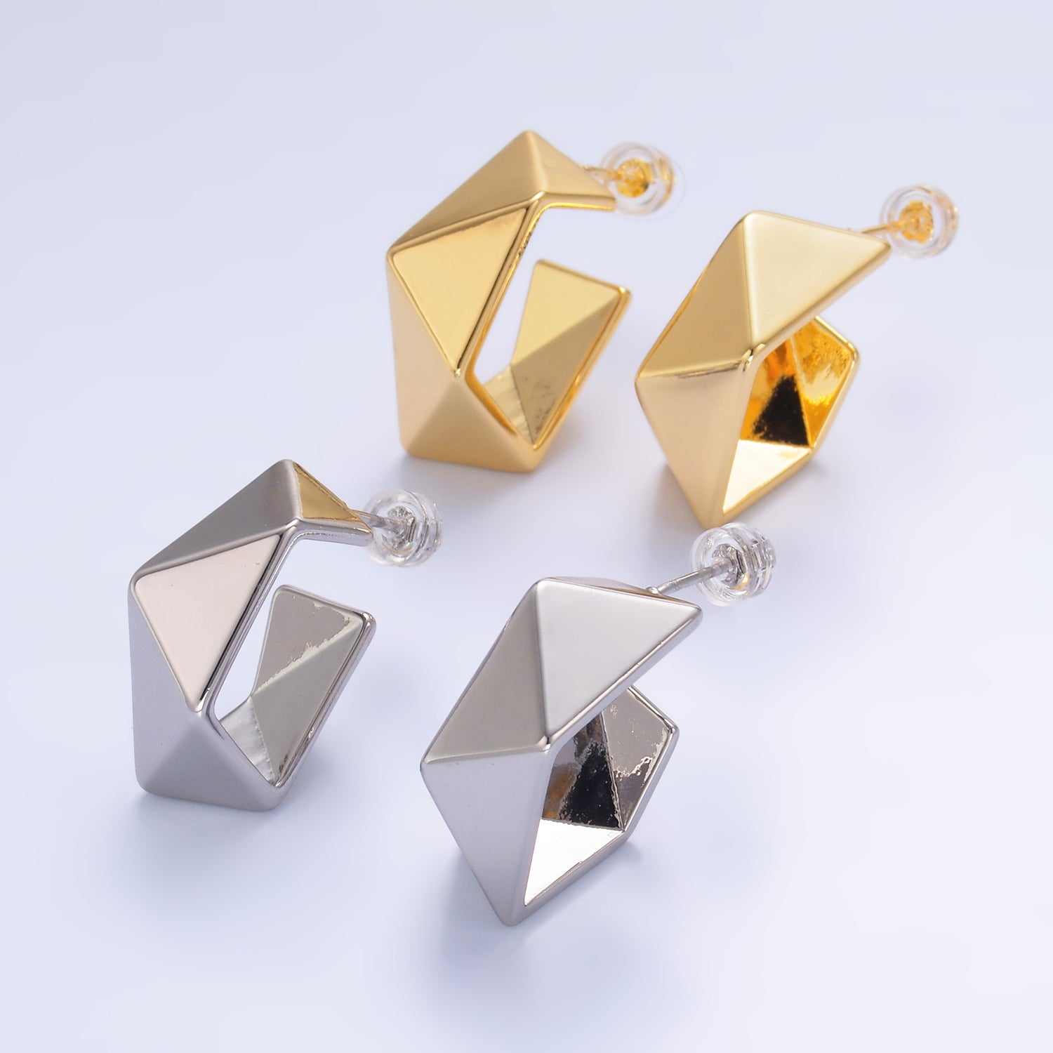 24K Gold Filled Geometric Edged C-Shaped Hoop Earrings in Gold & Silver | AB879 AB880