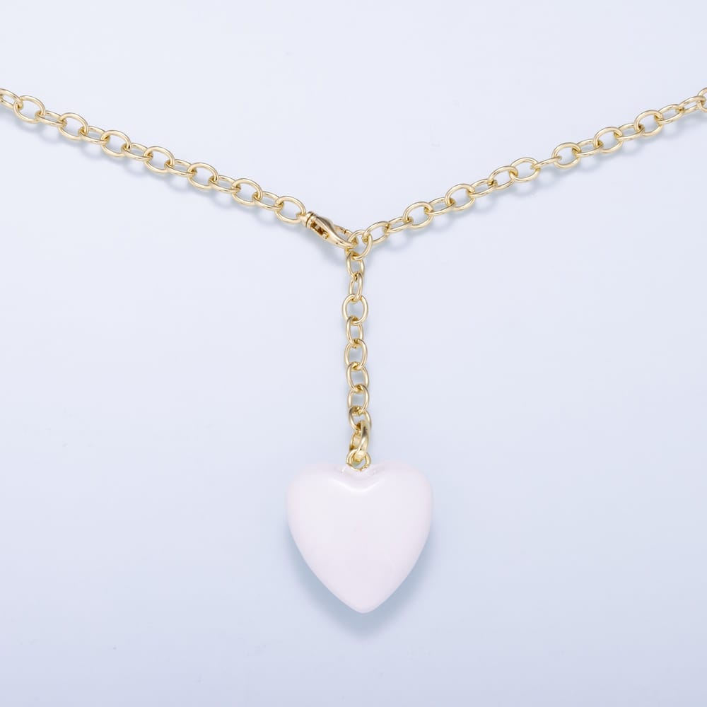 16K Gold Filled 6mm White Heart Enamel Adjustable Drop Lariat Cable Chain 35 Inch Necklace | WA-02340