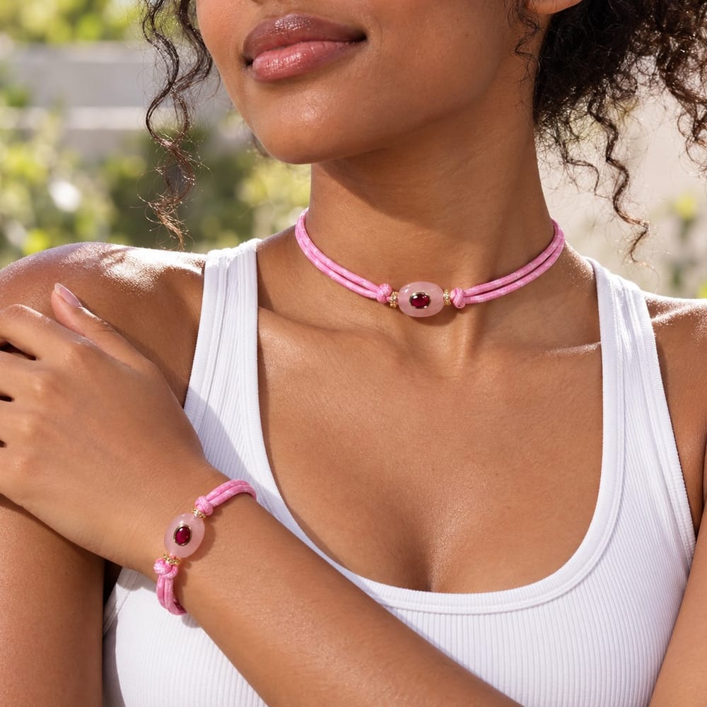 16K Gold Filled 6.5mm Pink CZ Quartz Gemstone Cotton Cord Paracord Chain Adjustable 7 Inch Bracelet, 15 Inch Necklace | WA-02298 WA-02299