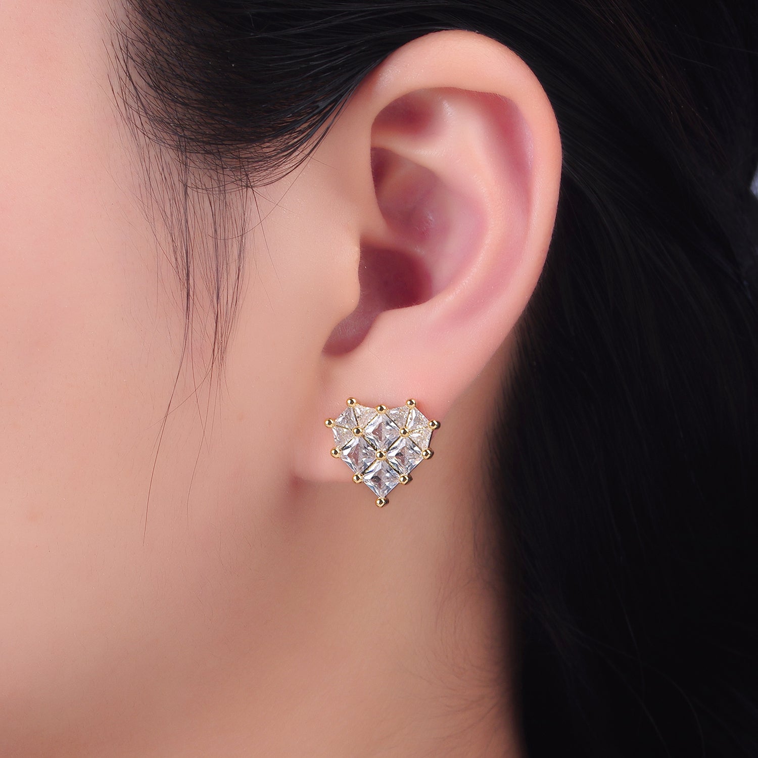 24K Gold Filled 15mm Clear CZ Heart Stud Earrings | AB730