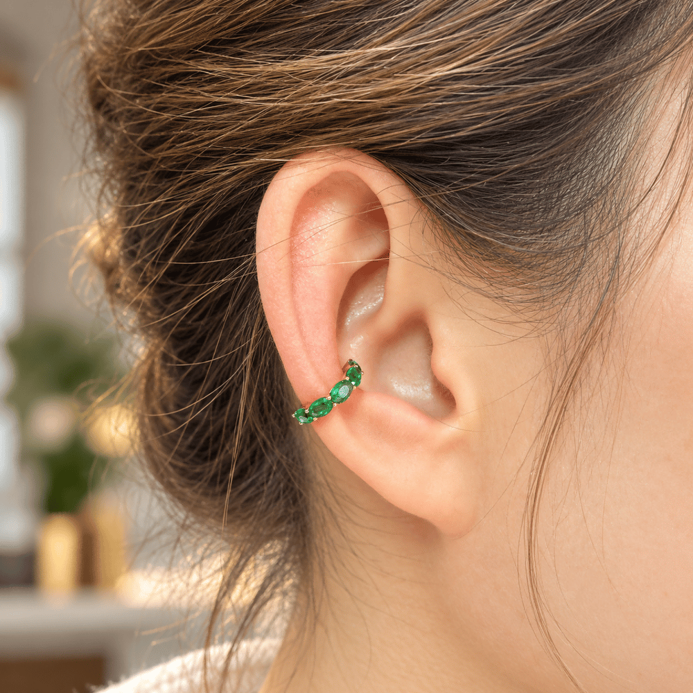 Rose Gold Filled 14mm Green CZ Oval Lined Ear Cuff Earrings | AI-00064